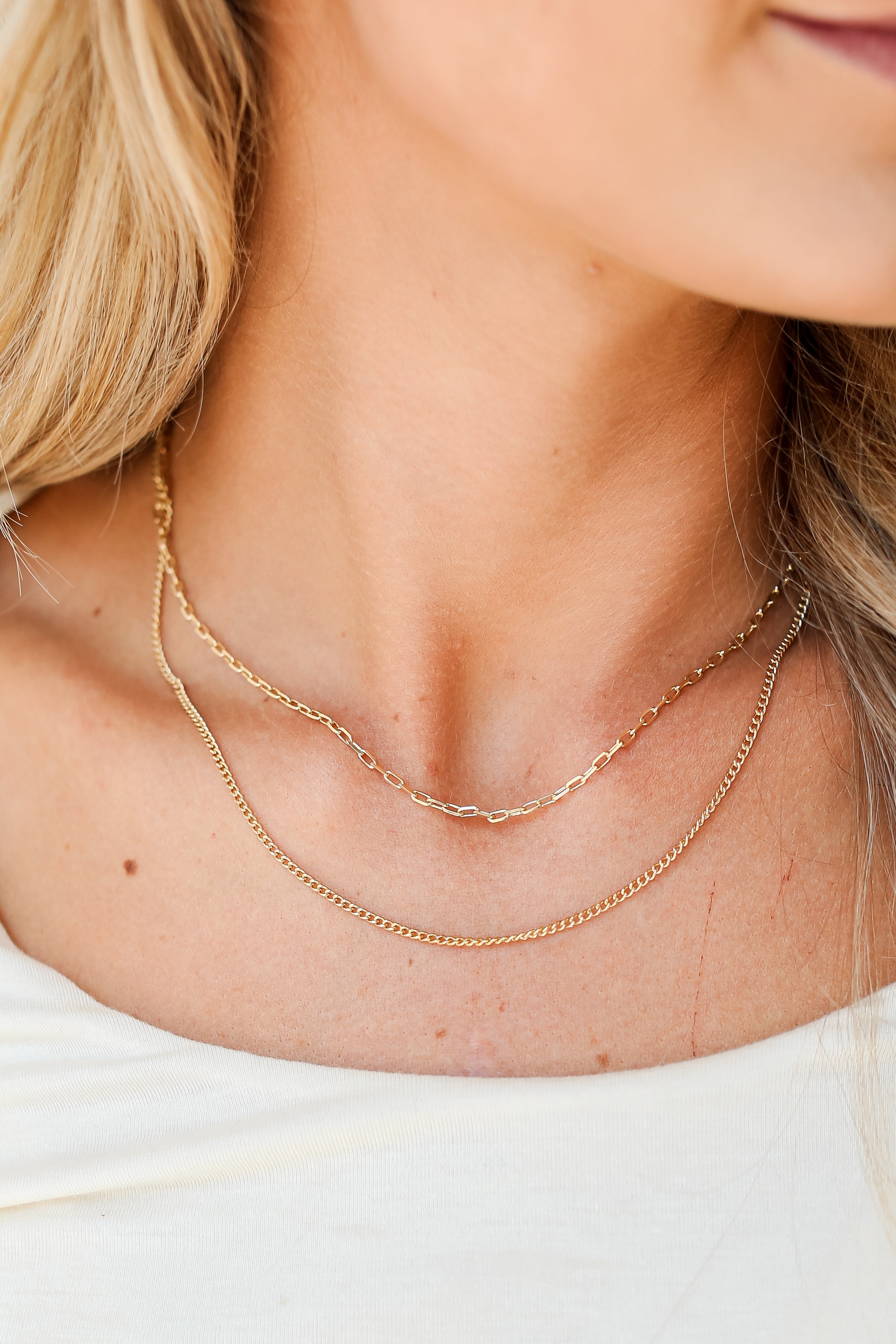 Gold Layered Chain Necklace on model