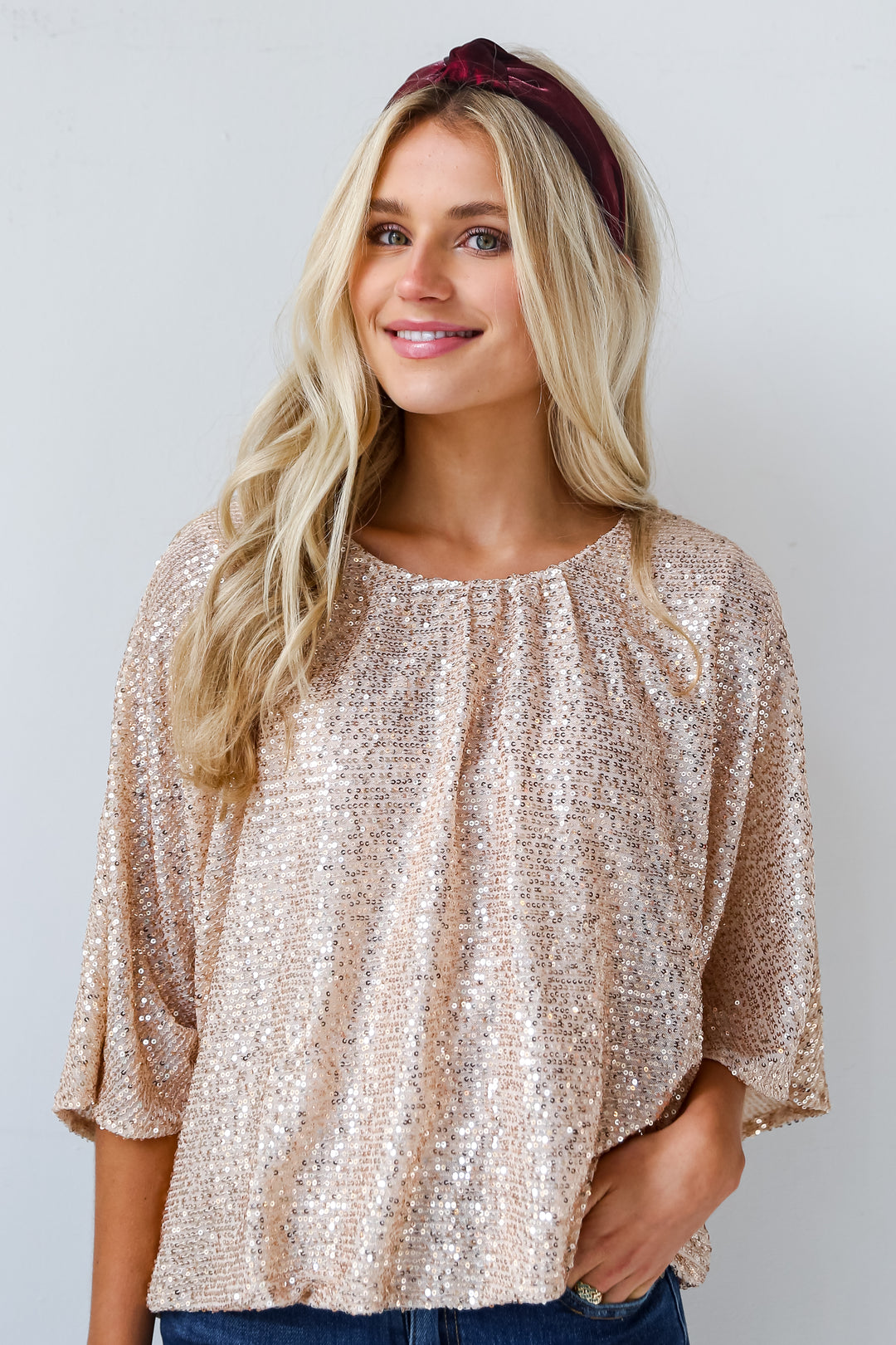 Gold Sequin Blouse on model