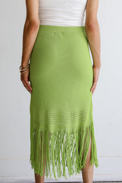 Lime Knit Fringe Midi Skirt