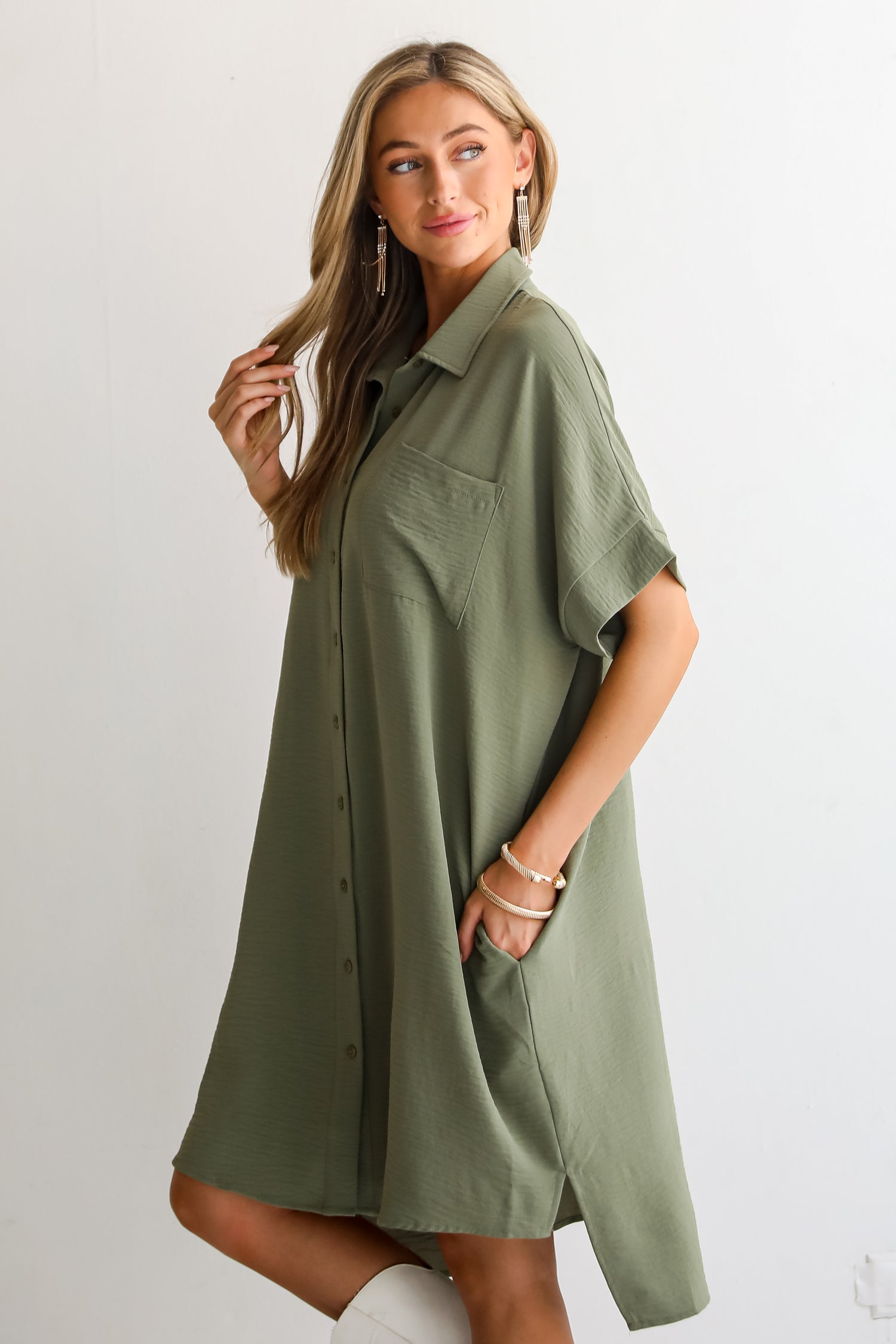 Composed Persona Green Button Front Midi Dress