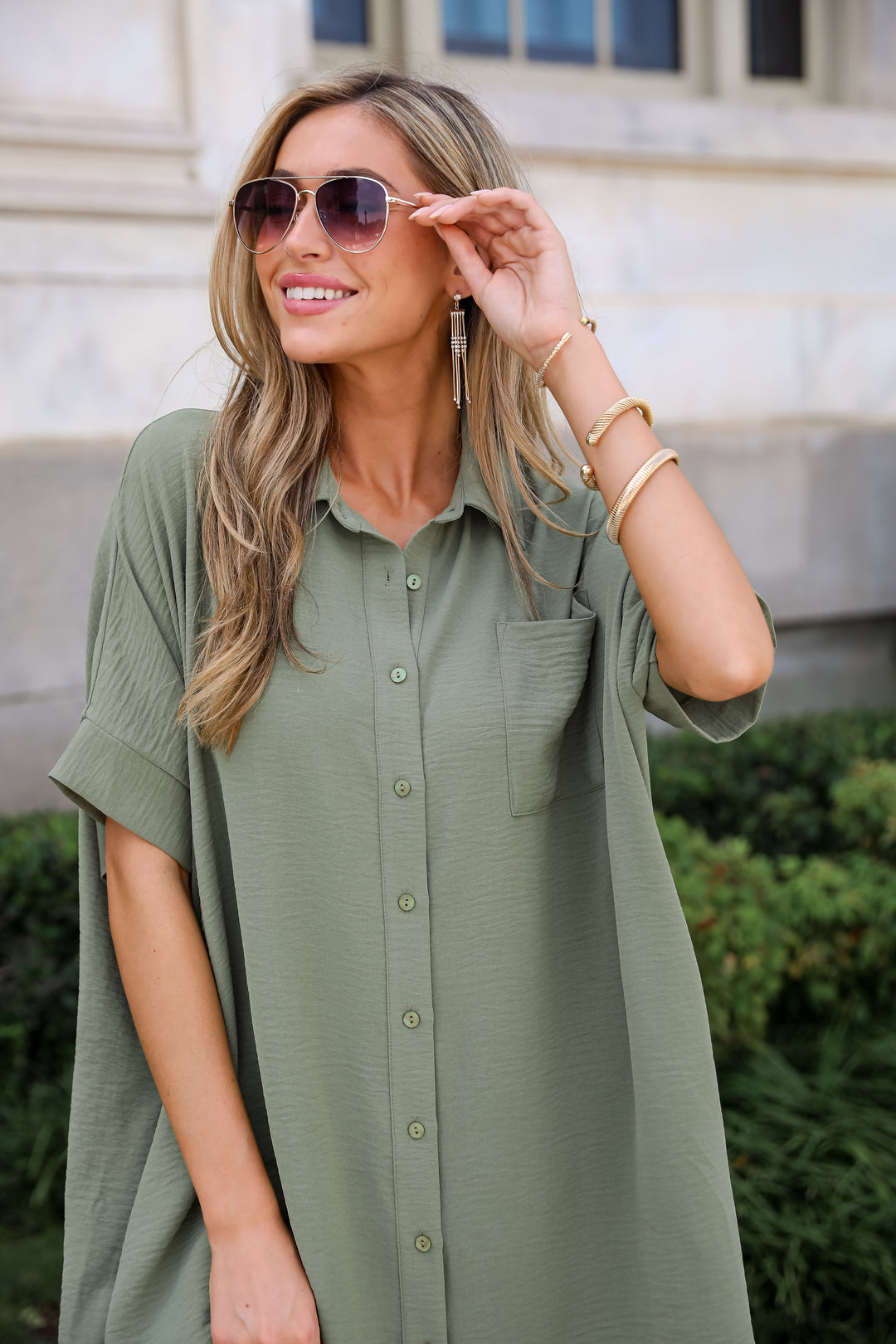 Composed Persona Green Button Front Midi Dress