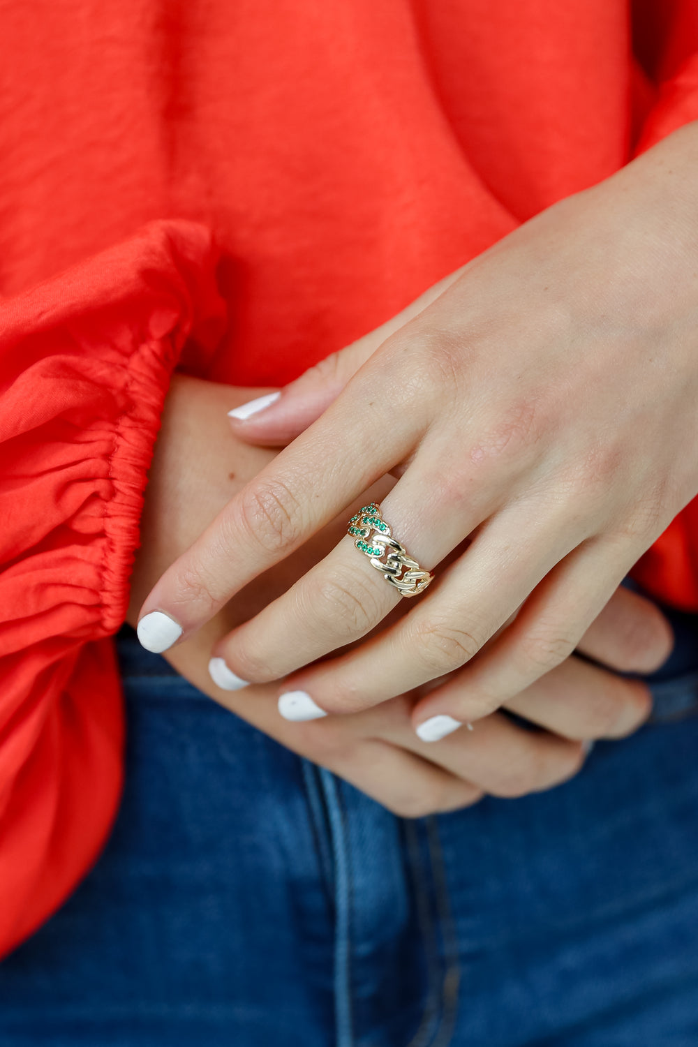 Green Rhinestone Chainlink Ring on modelk