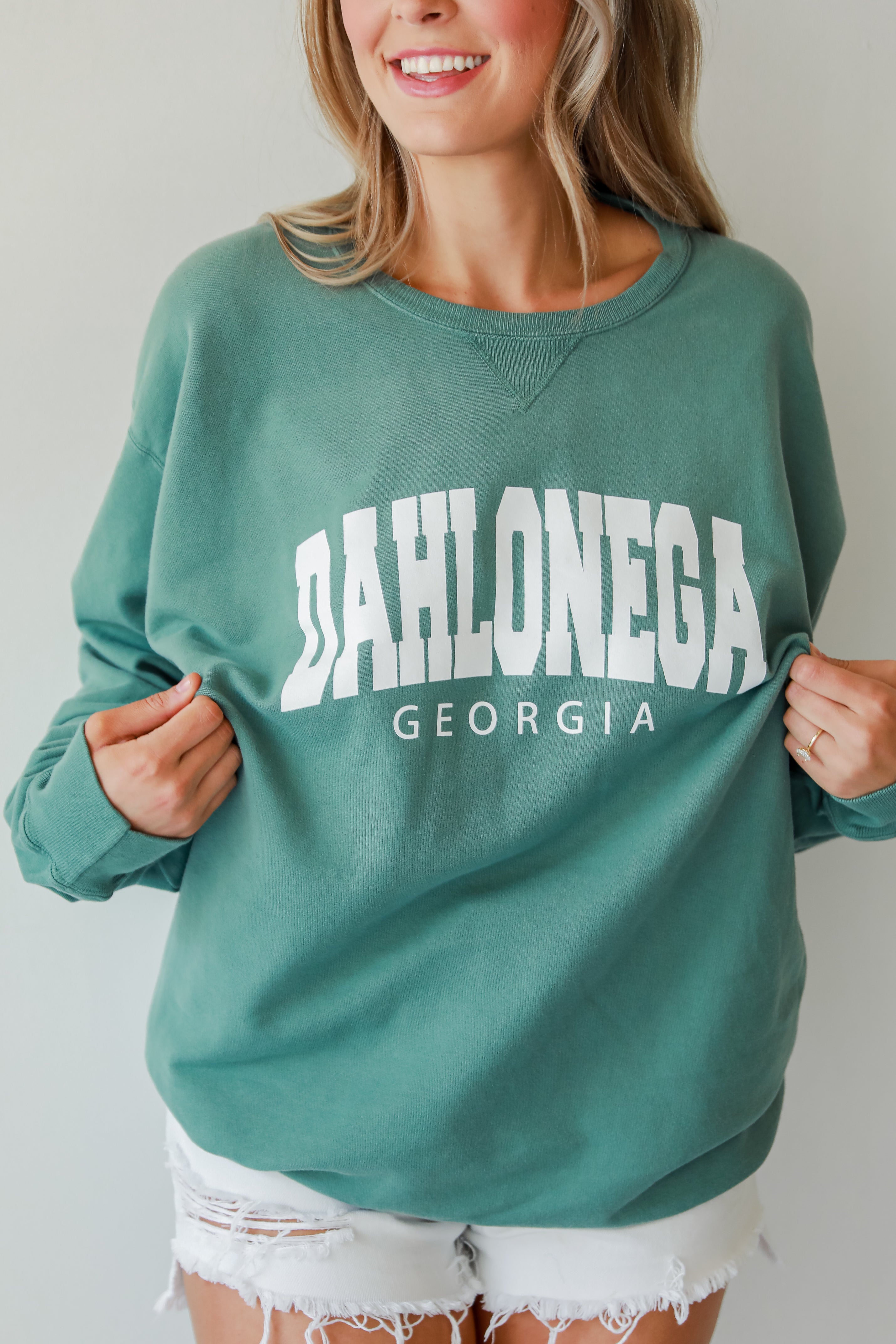 Seafoam Dahlonega Georgia Pullover on model