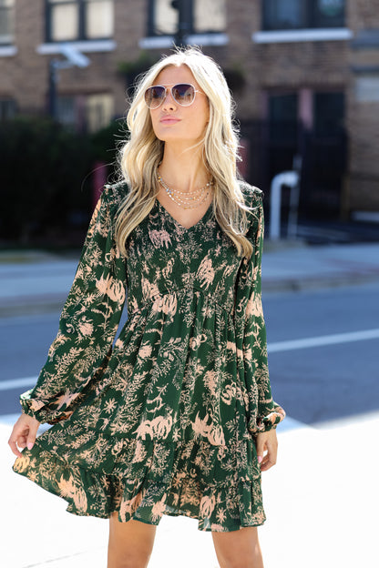 Notable Delight Hunter Green Floral Mini Dress