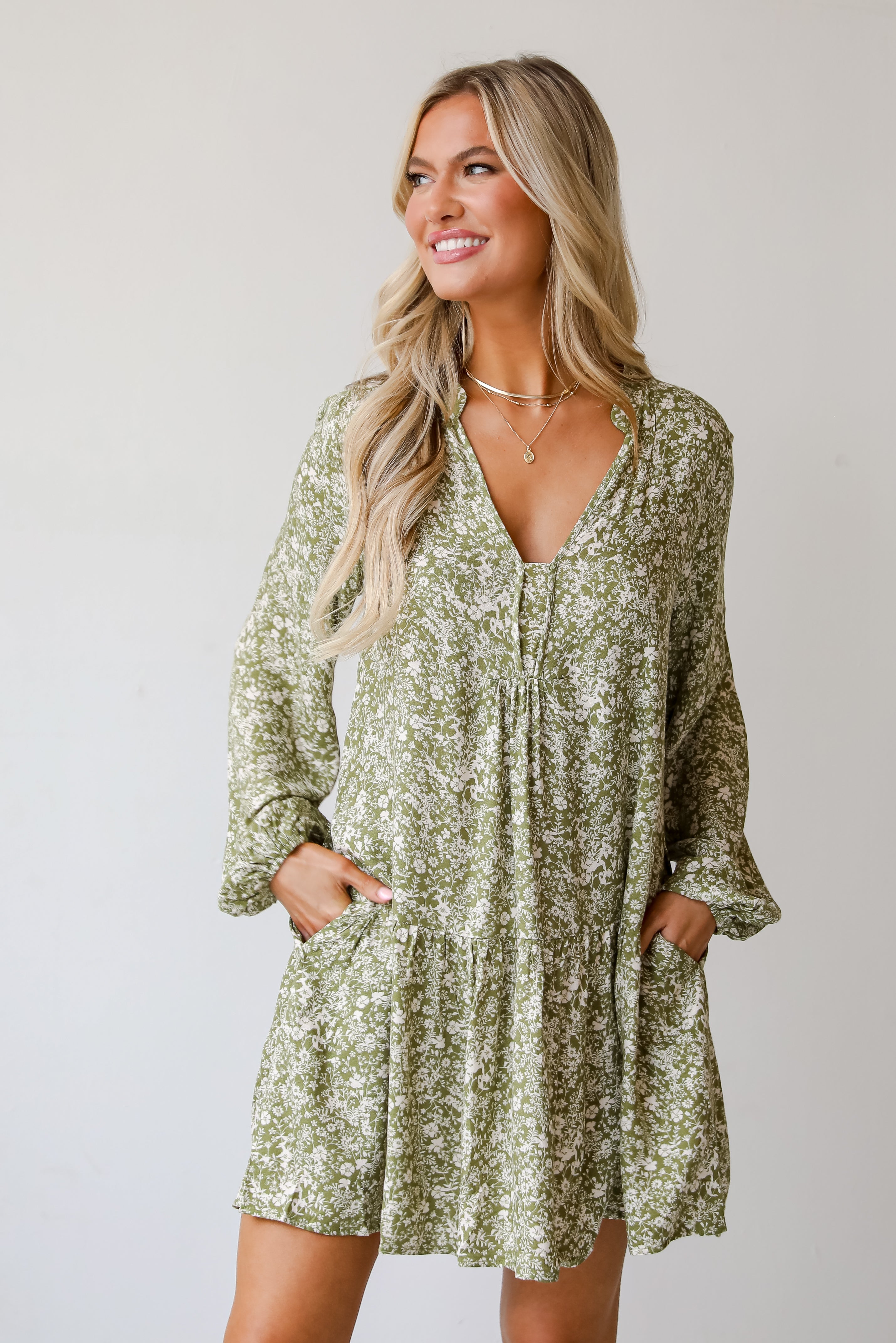 long sleeve Light Olive Floral Mini Dress