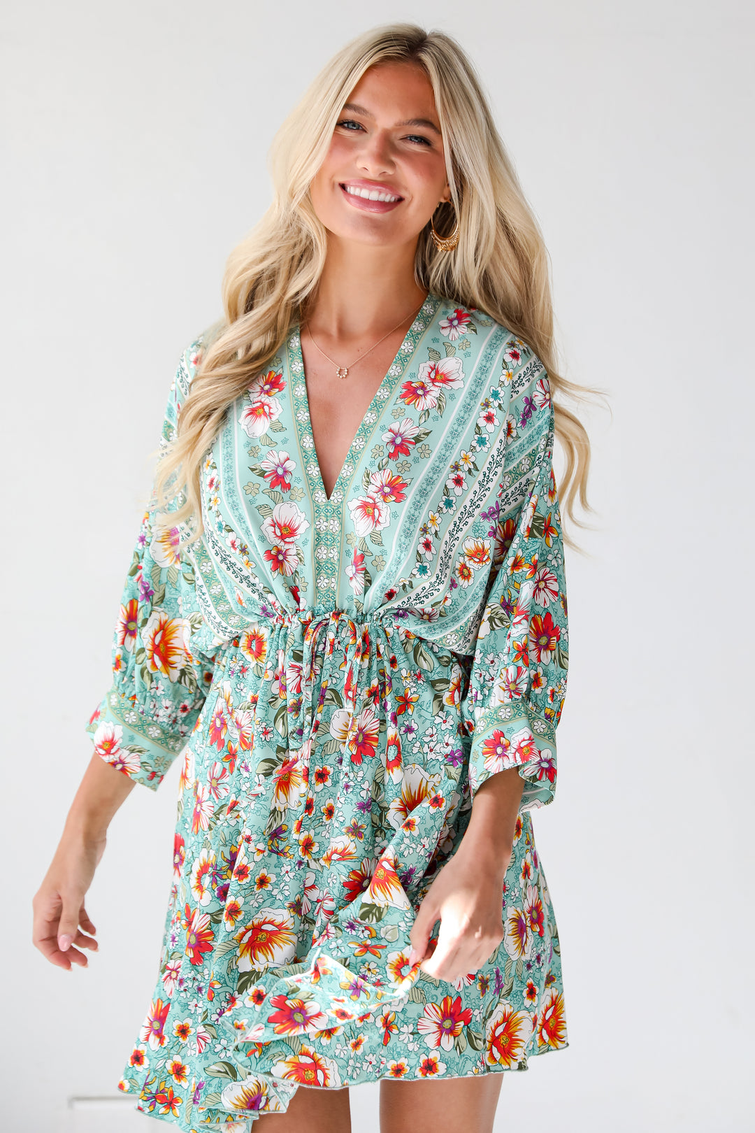 flowy green Floral Mini Dress