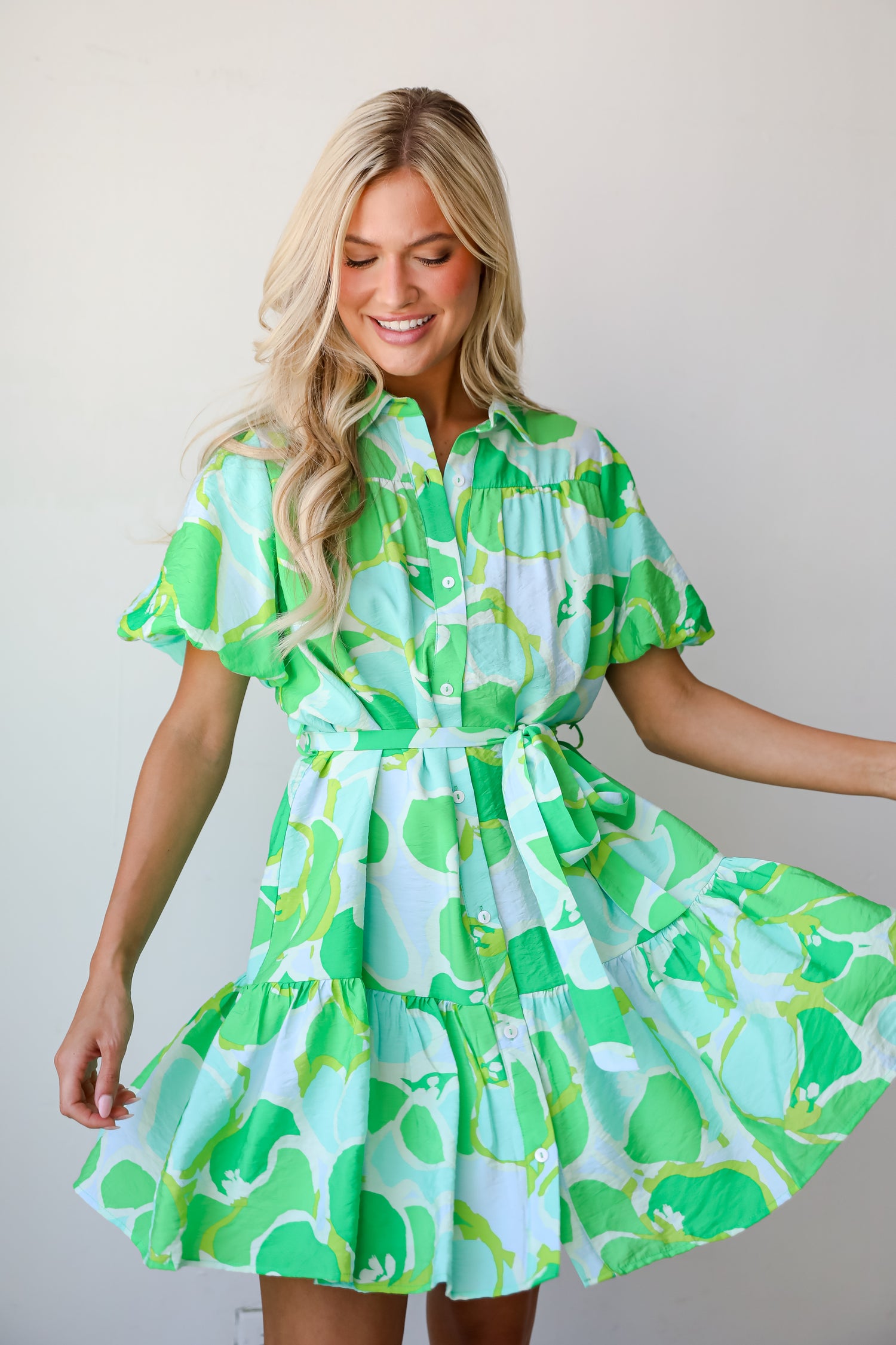 womens Green Floral Mini Dress