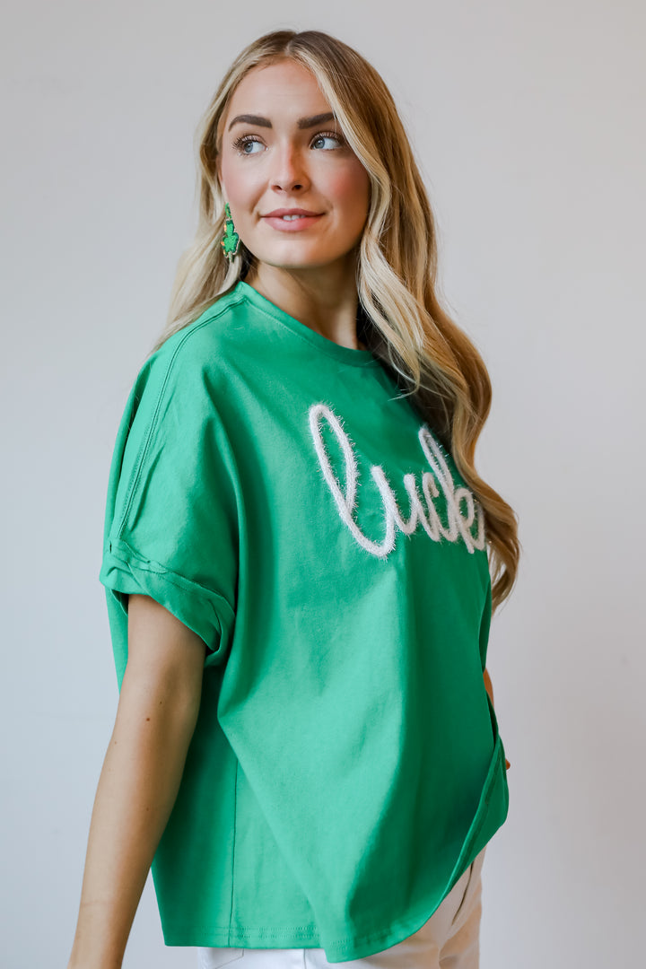 green "Lucky" Metallic Letter Tee