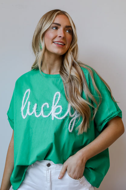 cute &quot;Lucky&quot; Metallic Letter Tee