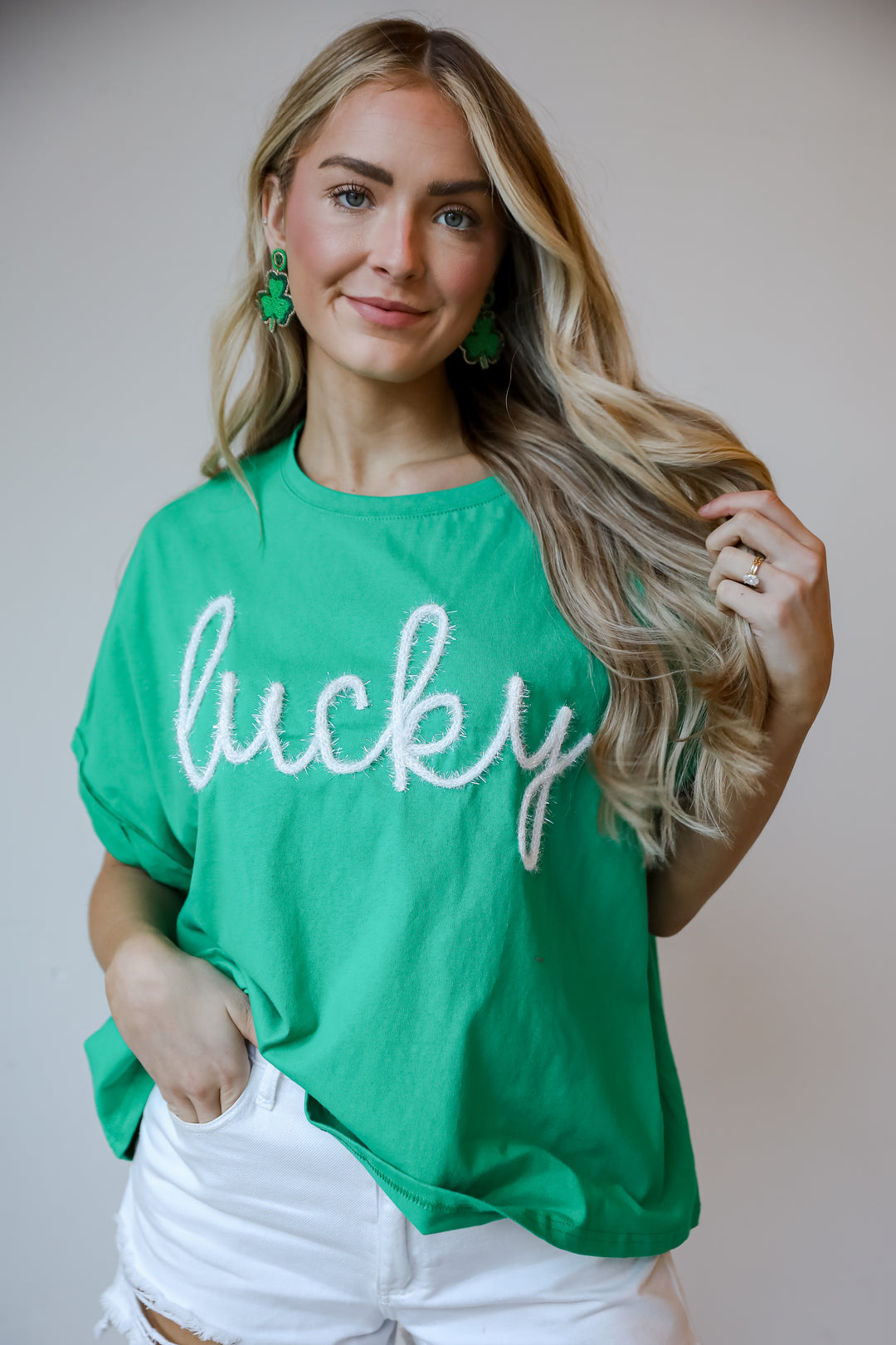 green "Lucky" Metallic Letter Tee