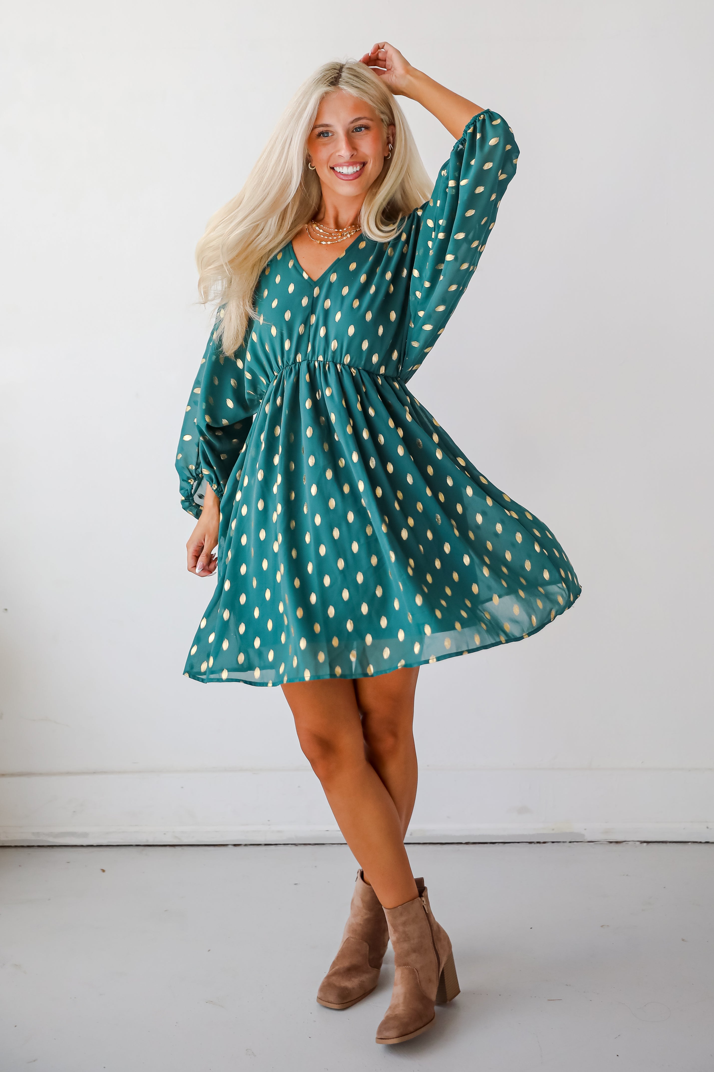 Gorgeous Favorite Hunter Green Dotted Babydoll Mini Dress