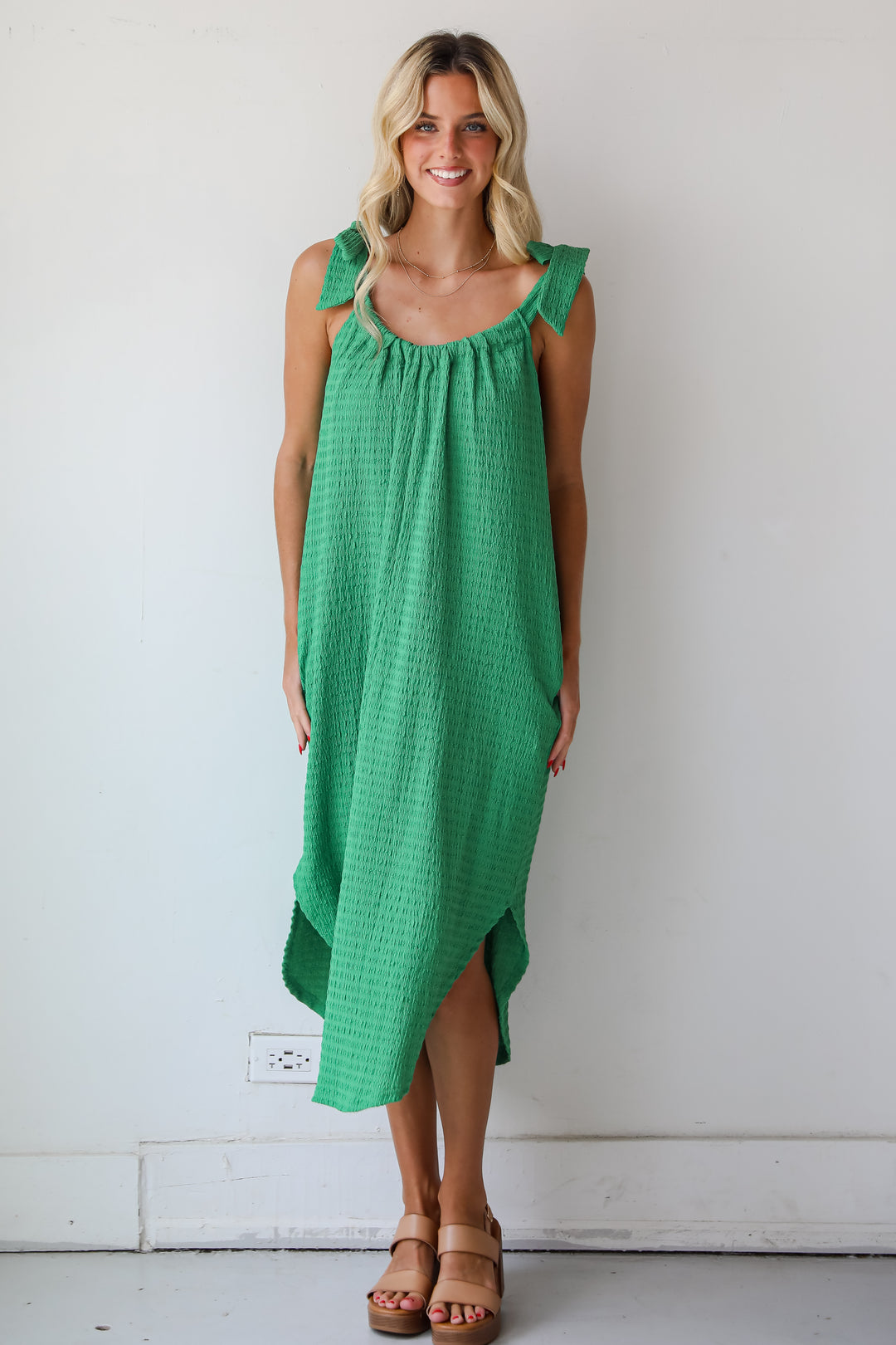 Playful Style Green Textured Midi Dress