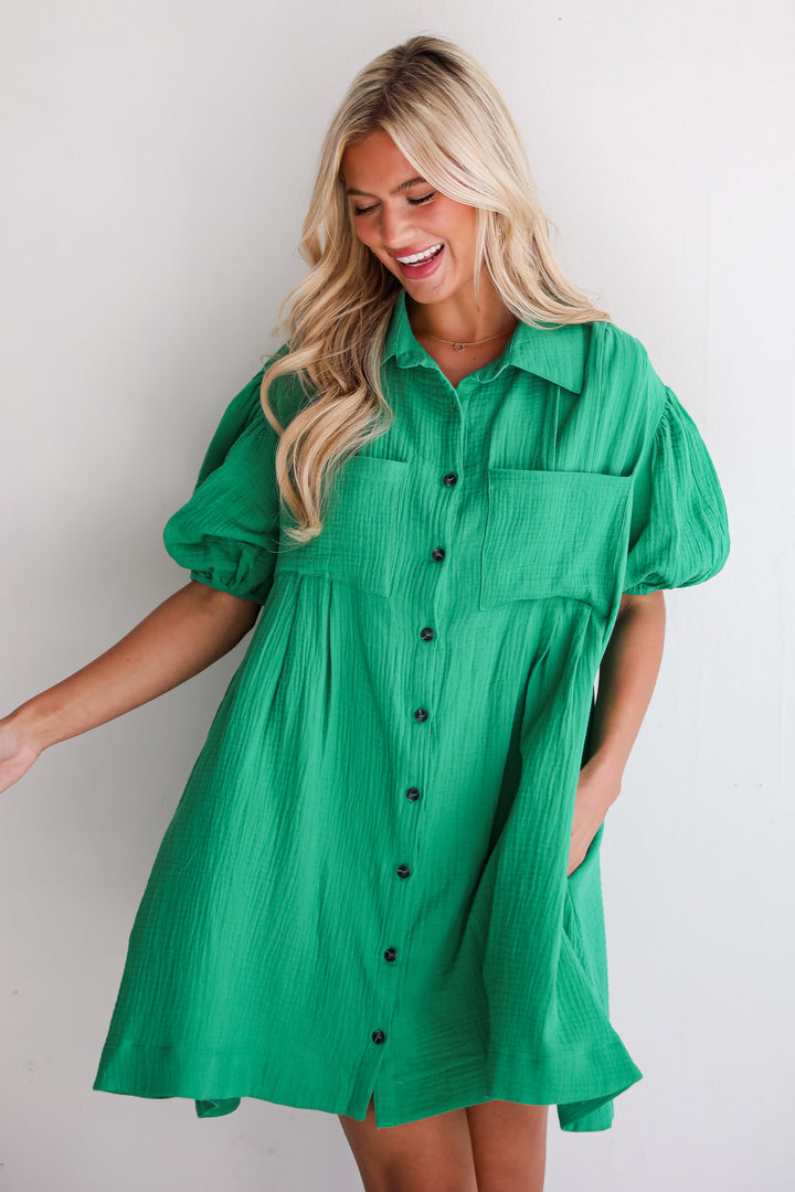 cute Kelly Green Linen Mini Dress