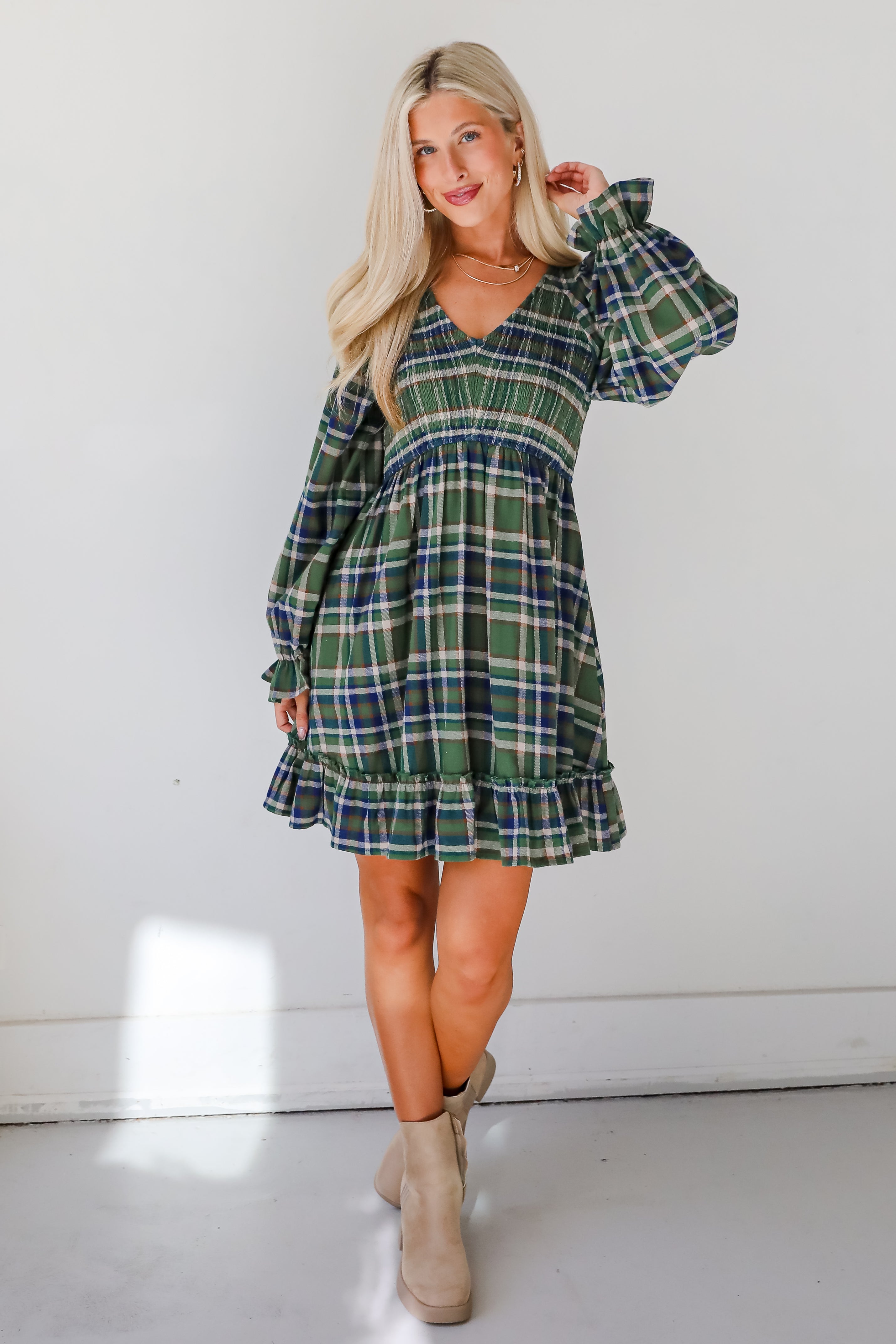 Ideal Attraction Green Plaid Mini Dress