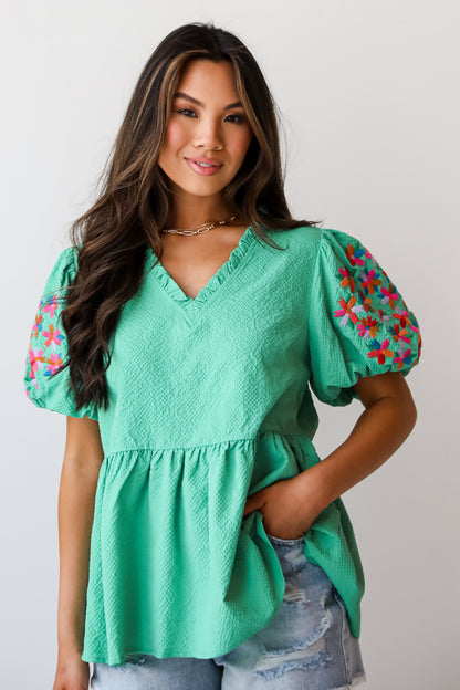 Cute Status Green Puff Sleeve Babydoll Blouse