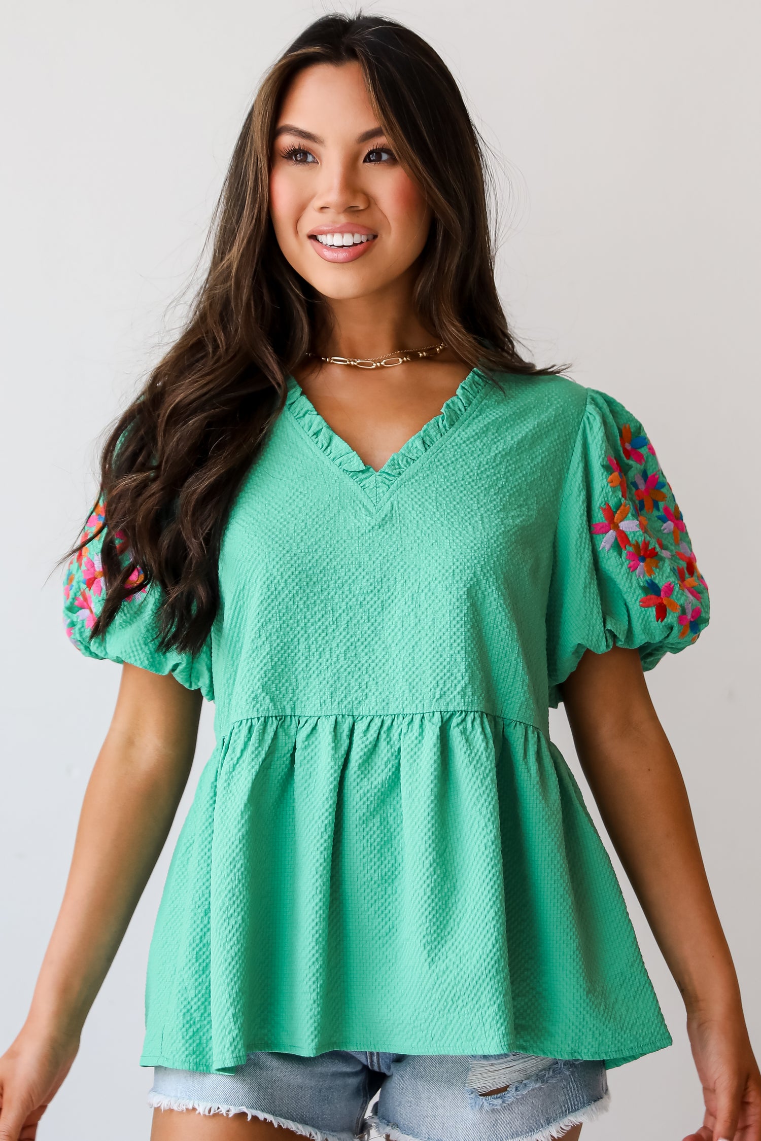 Cute Status Green Puff Sleeve Babydoll Blouse