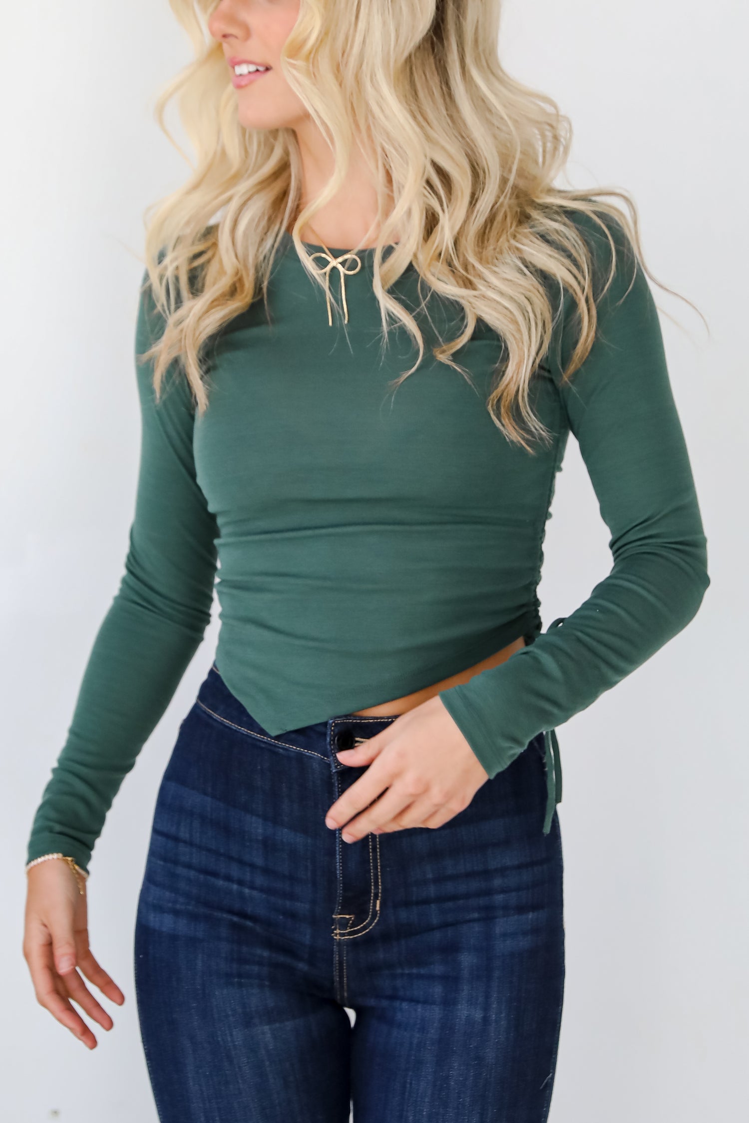 Bold Entrance Hunter Green Ruched Asymmetrical Top