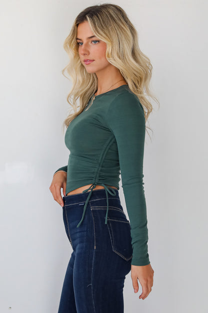 Bold Entrance Hunter Green Ruched Asymmetrical Top