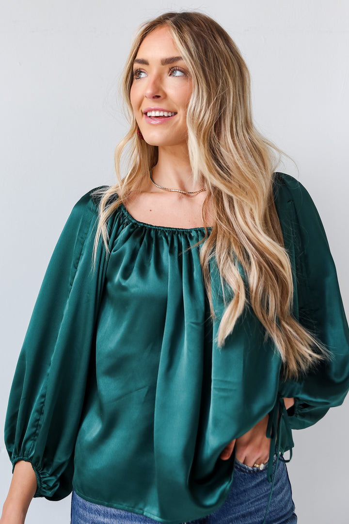 Hunter Green Satin Blouse on model