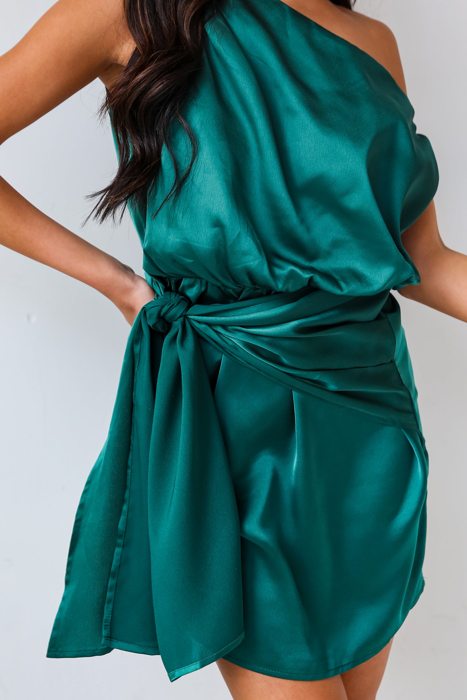 Hunter Green Satin Mini Dress close up