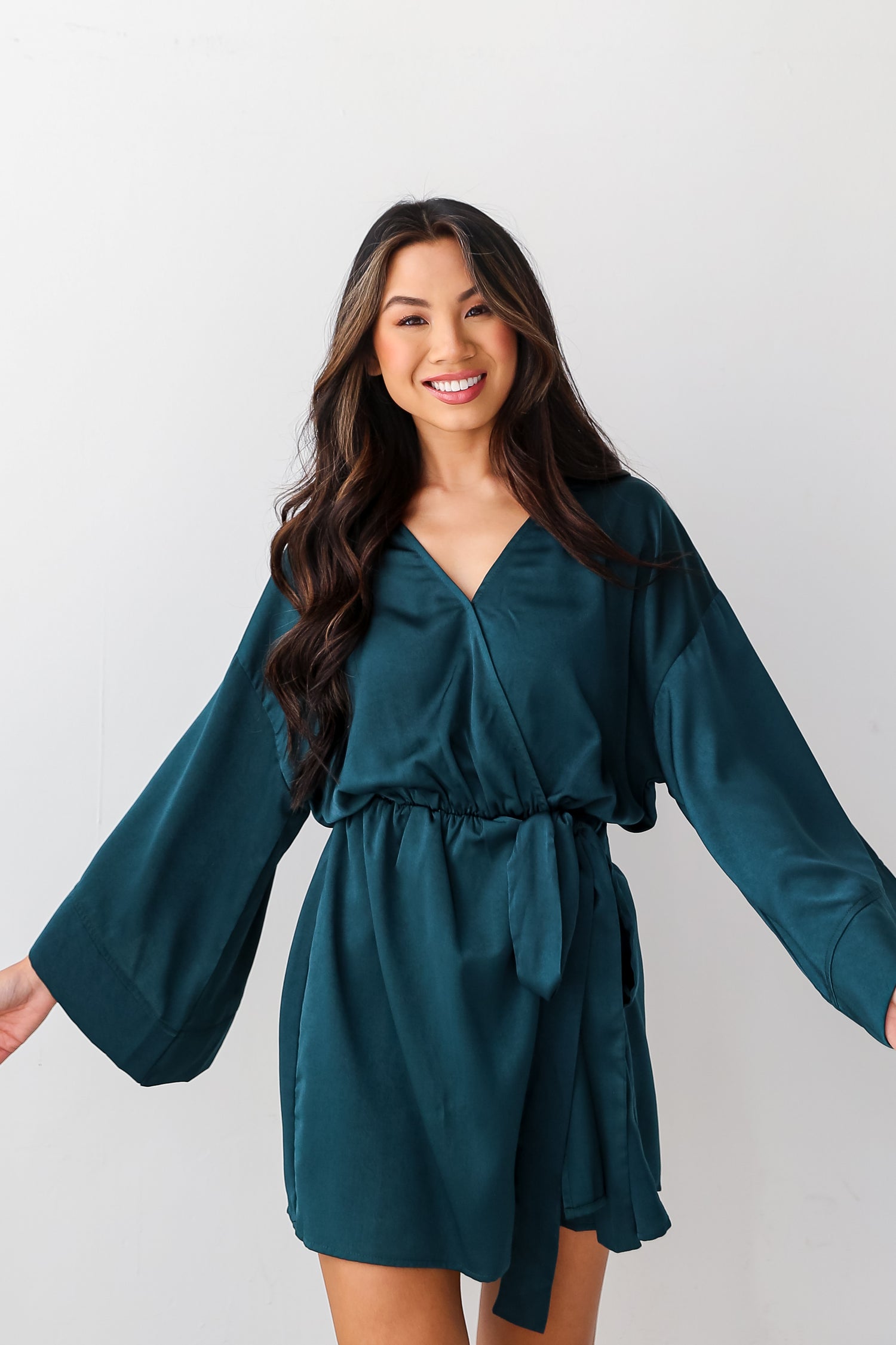 Hunter Green Satin Romper on model