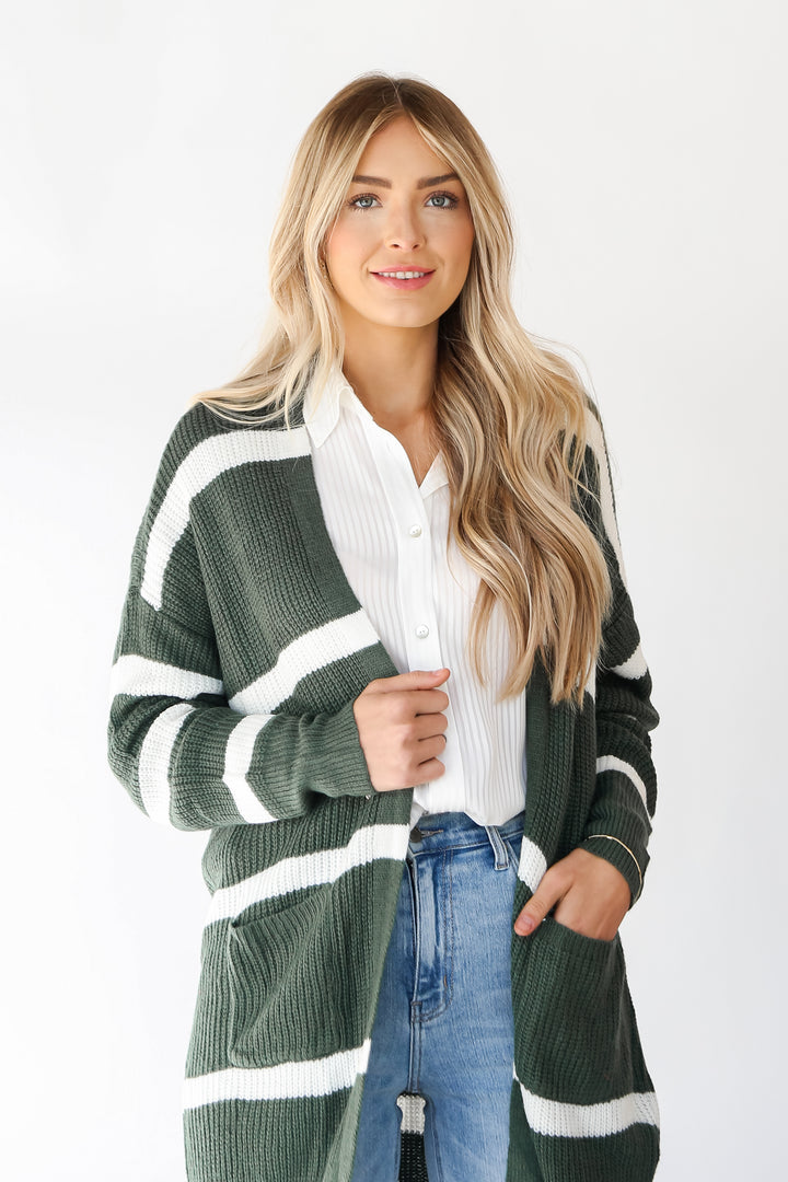 Green Striped Longline Cardigan front view