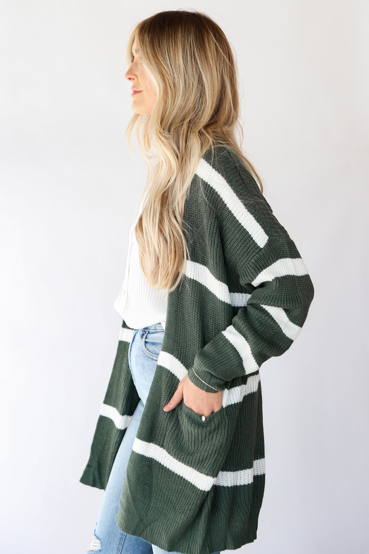 trendy Green Striped Longline Cardigan