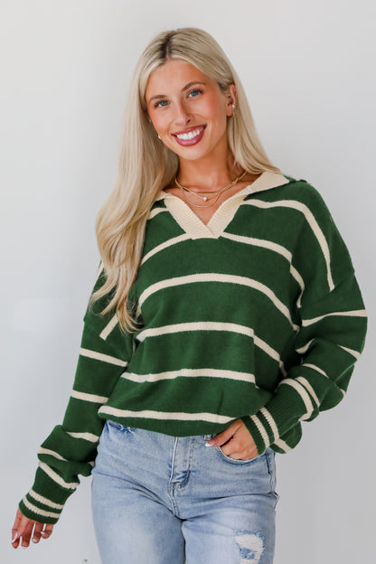 Fashionable Outcome Green Striped Collared Sweater