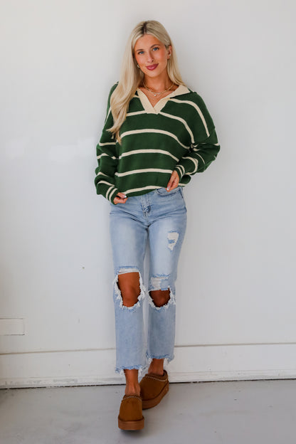 Fashionable Outcome Green Striped Collared Sweater