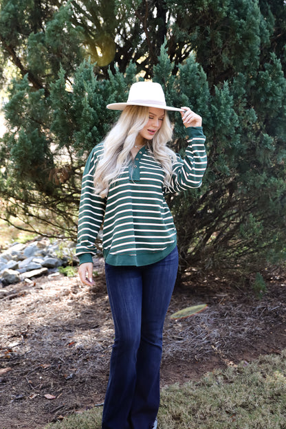 Confirmed Vibe Hunter Green Striped Collared Top