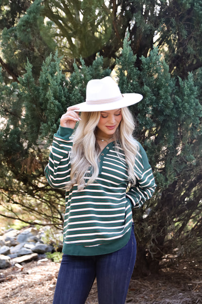 Confirmed Vibe Hunter Green Striped Collared Top