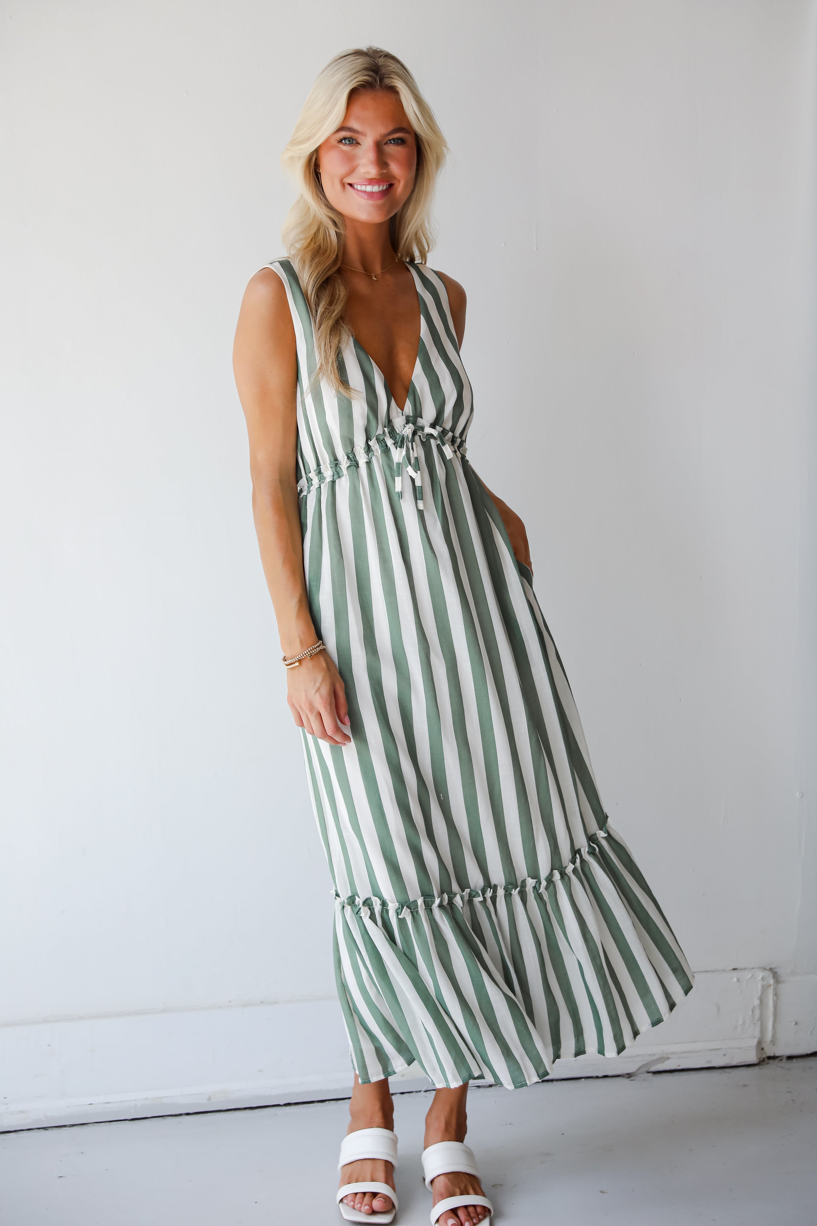 Sophisticated Composure Green Striped Maxi Dress