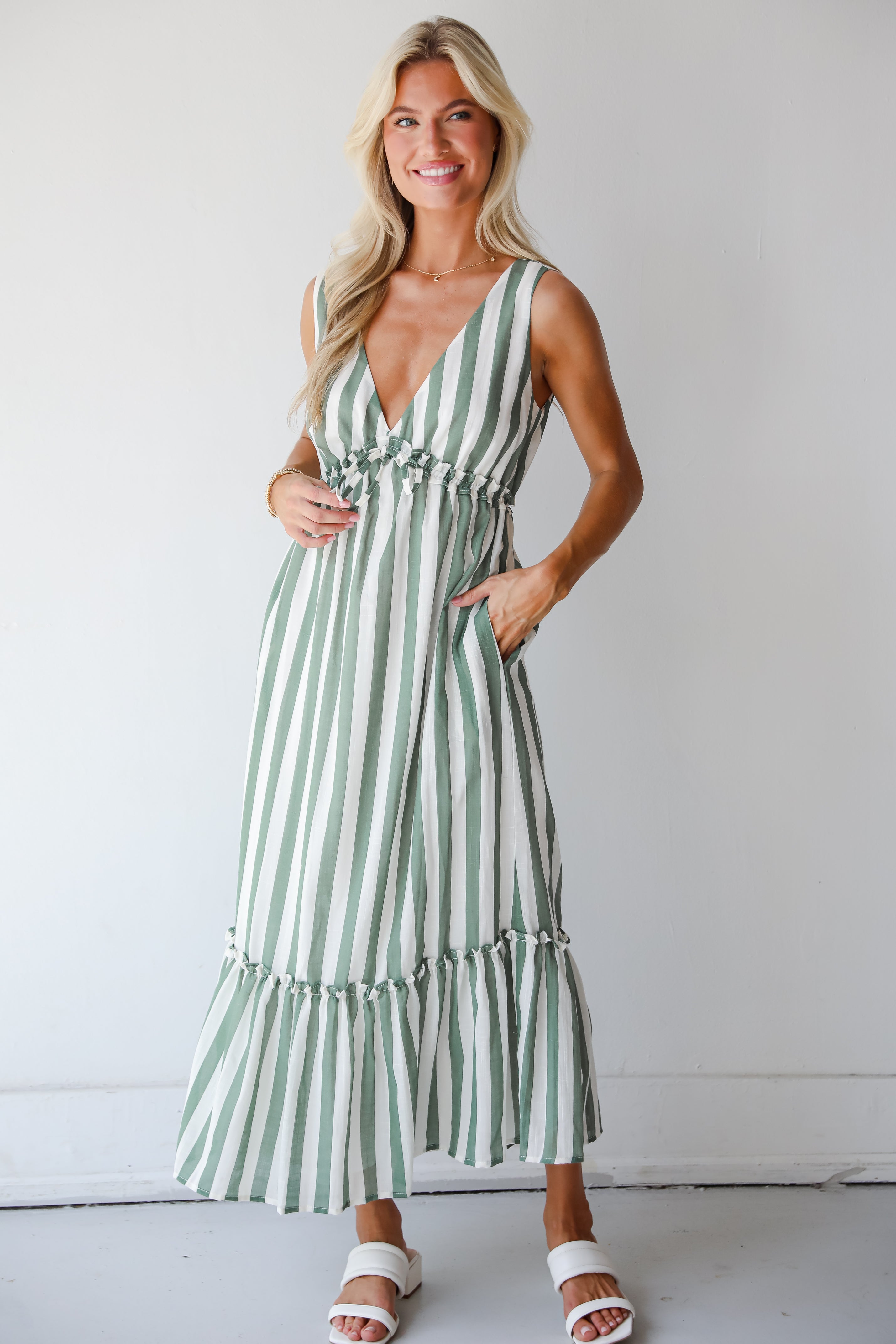 Sophisticated Composure Green Striped Maxi Dress