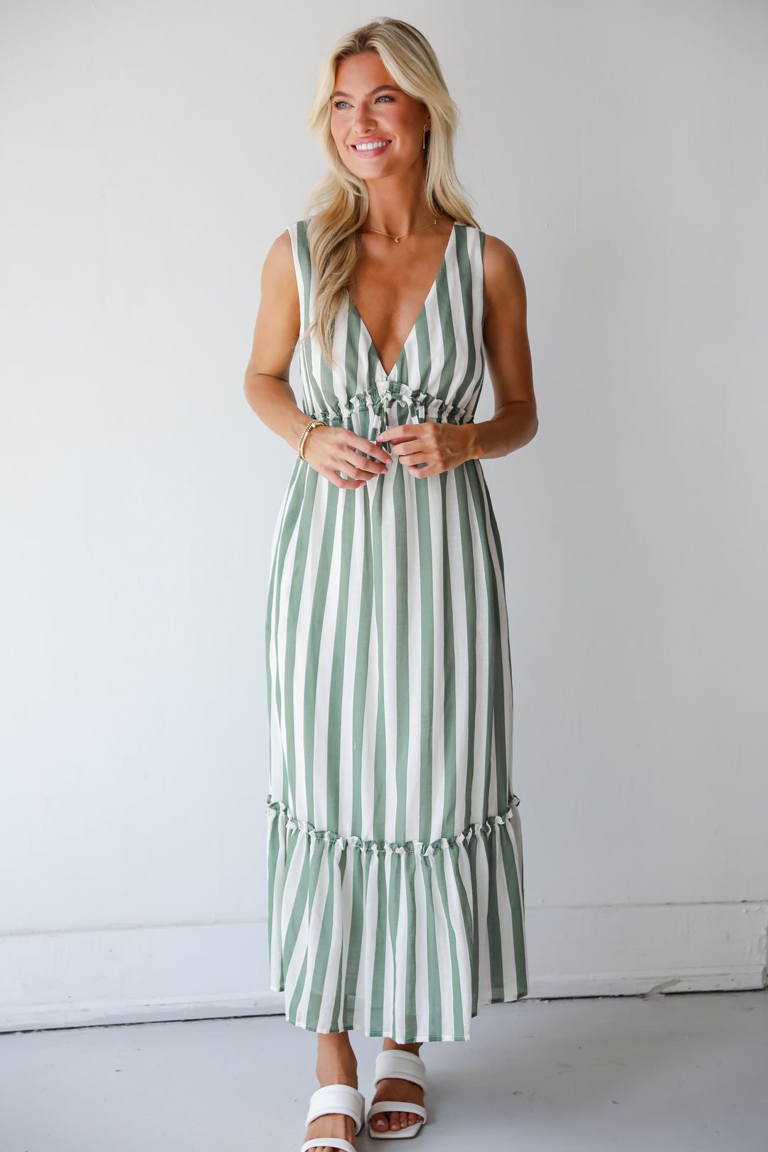 Sophisticated Composure Green Striped Maxi Dress