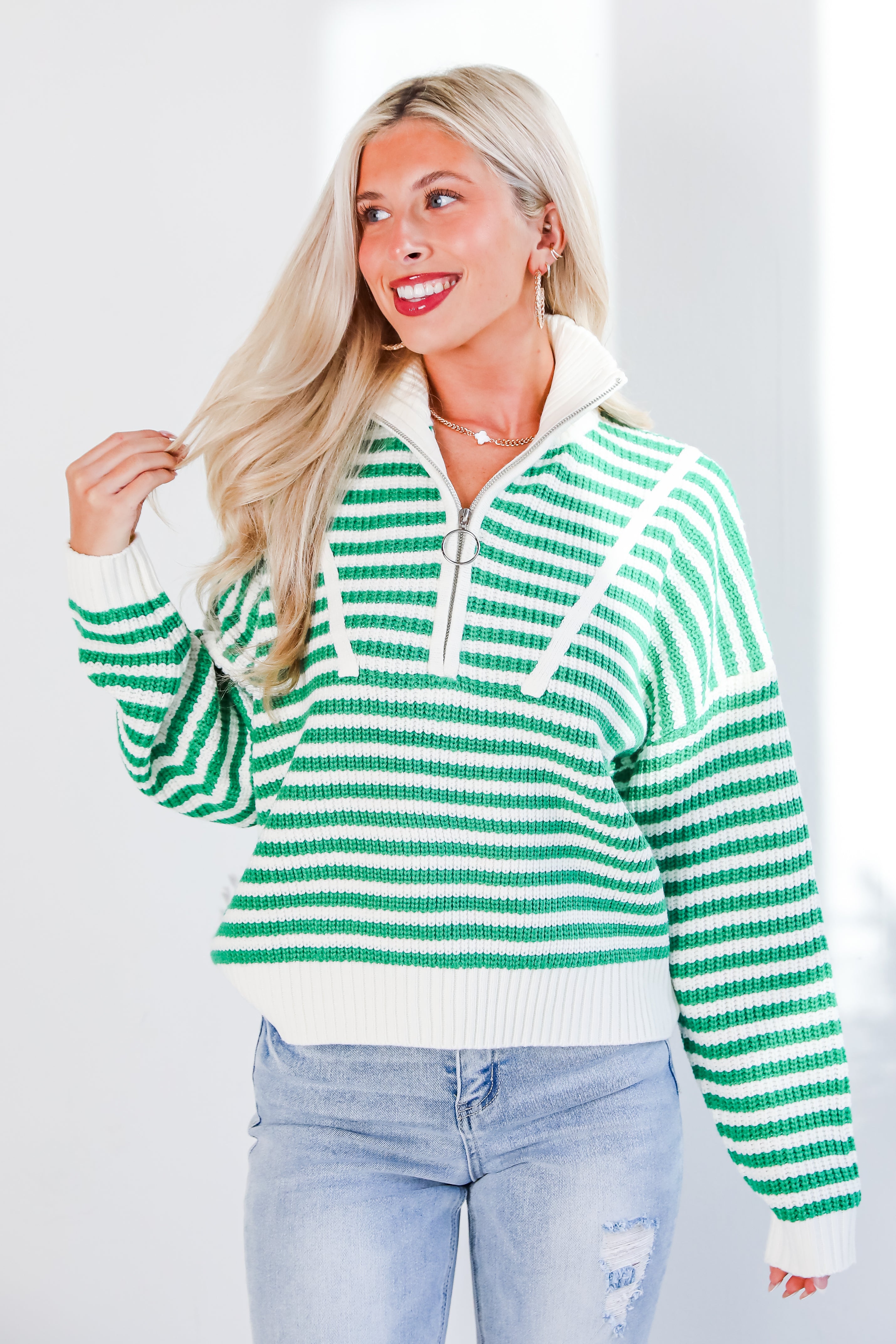 Beloved Presence Striped Quarter Zip Sweater