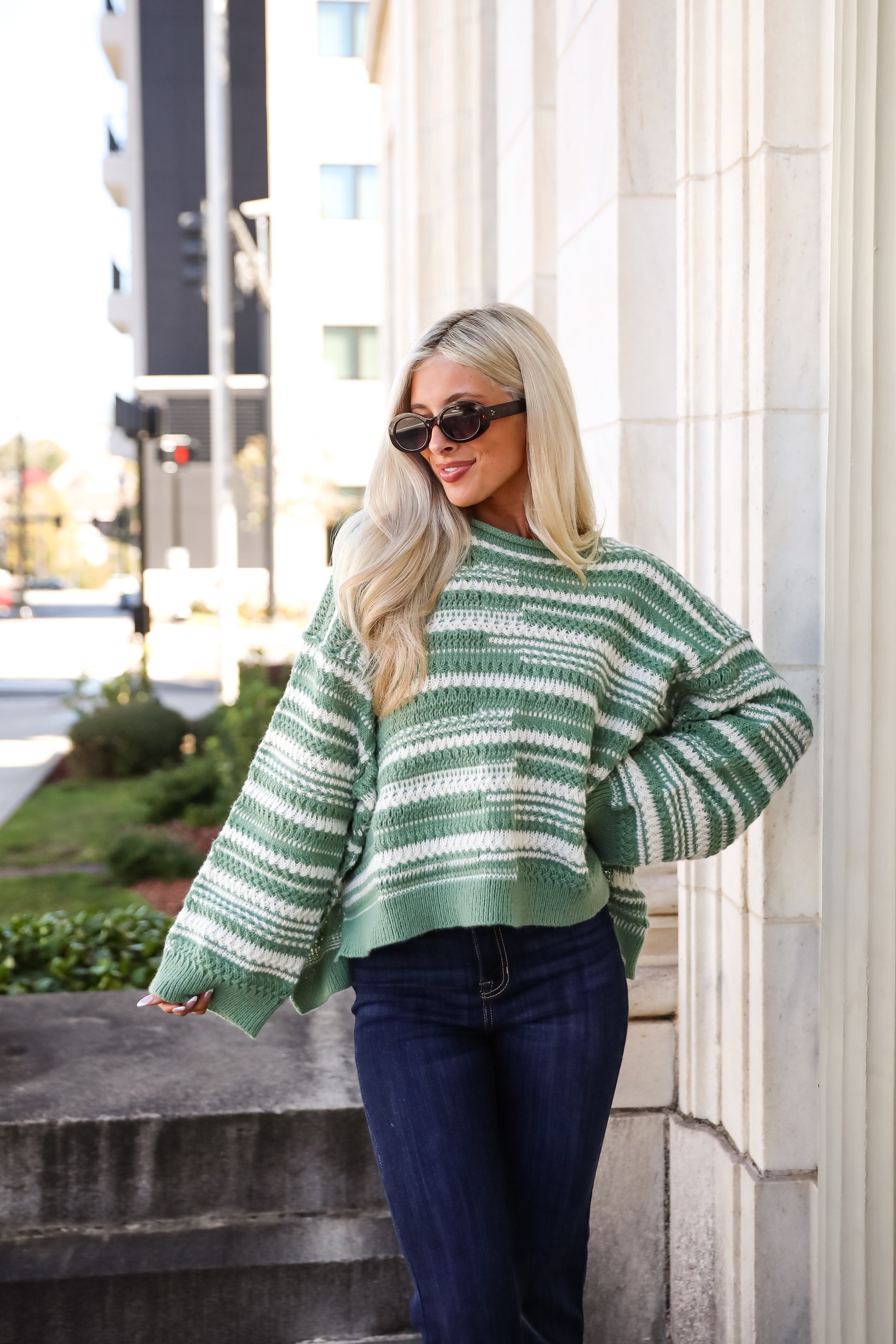 Cozy Conclusion Green Striped Sweater