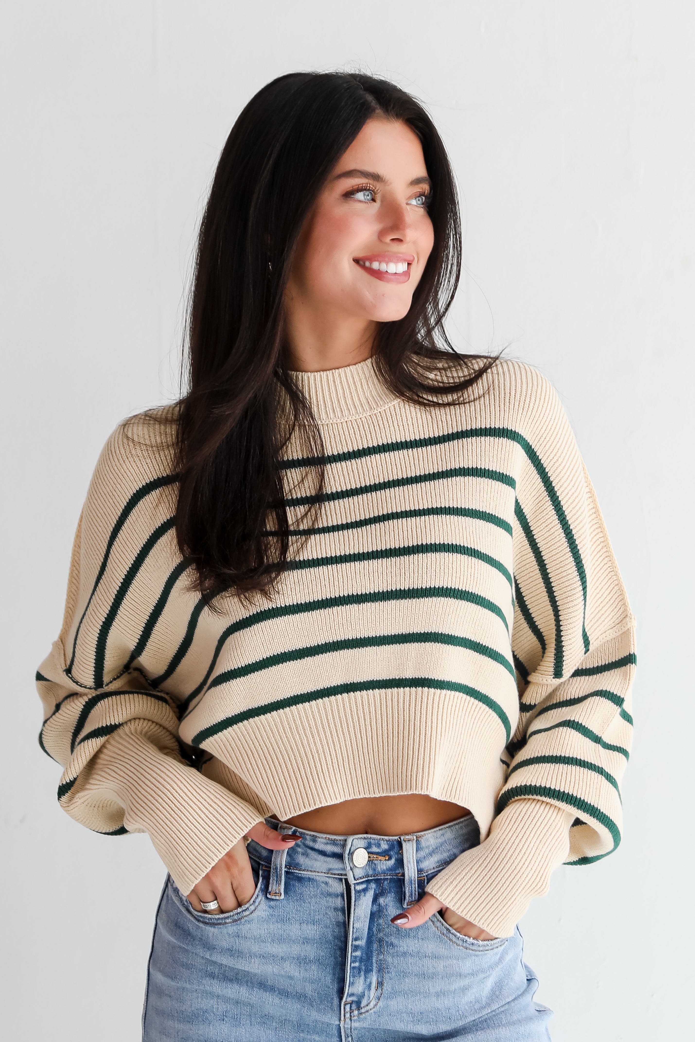 Comfy Cuteness Green Striped Cropped Sweater