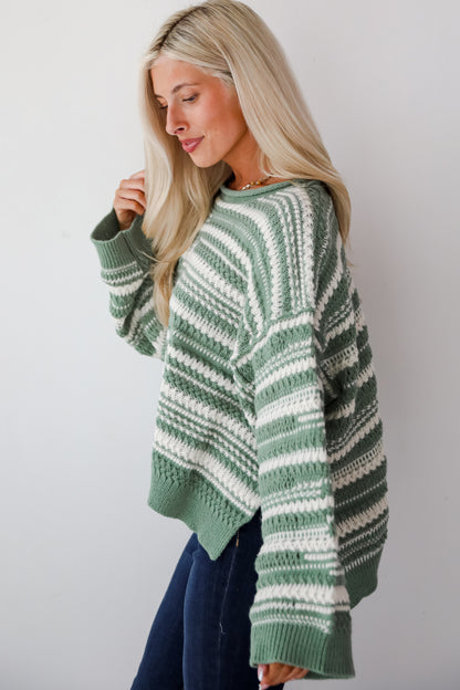 Cozy Conclusion Green Striped Sweater