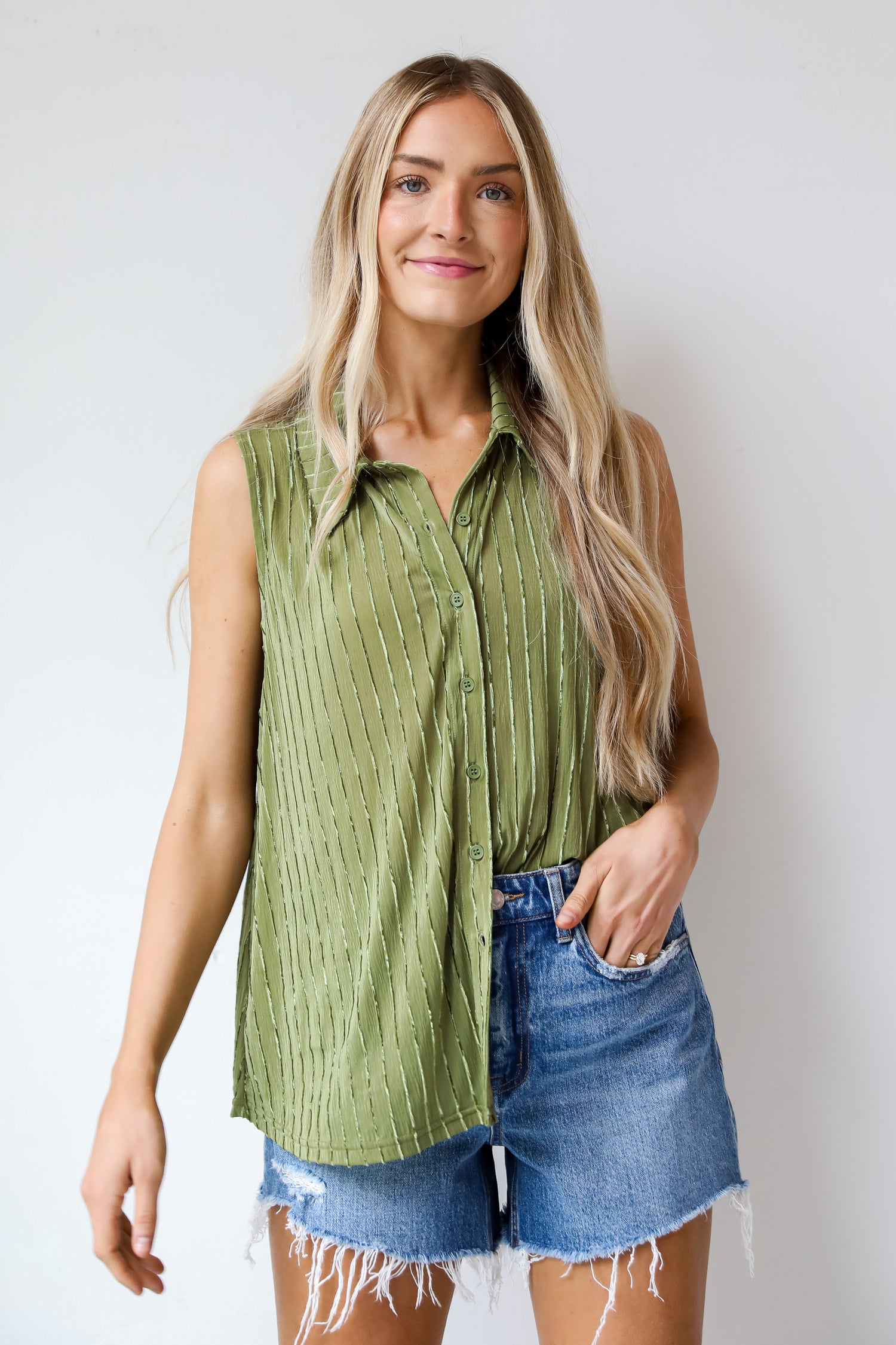 Green Velvet Stripe Sleeveless Blouse front view