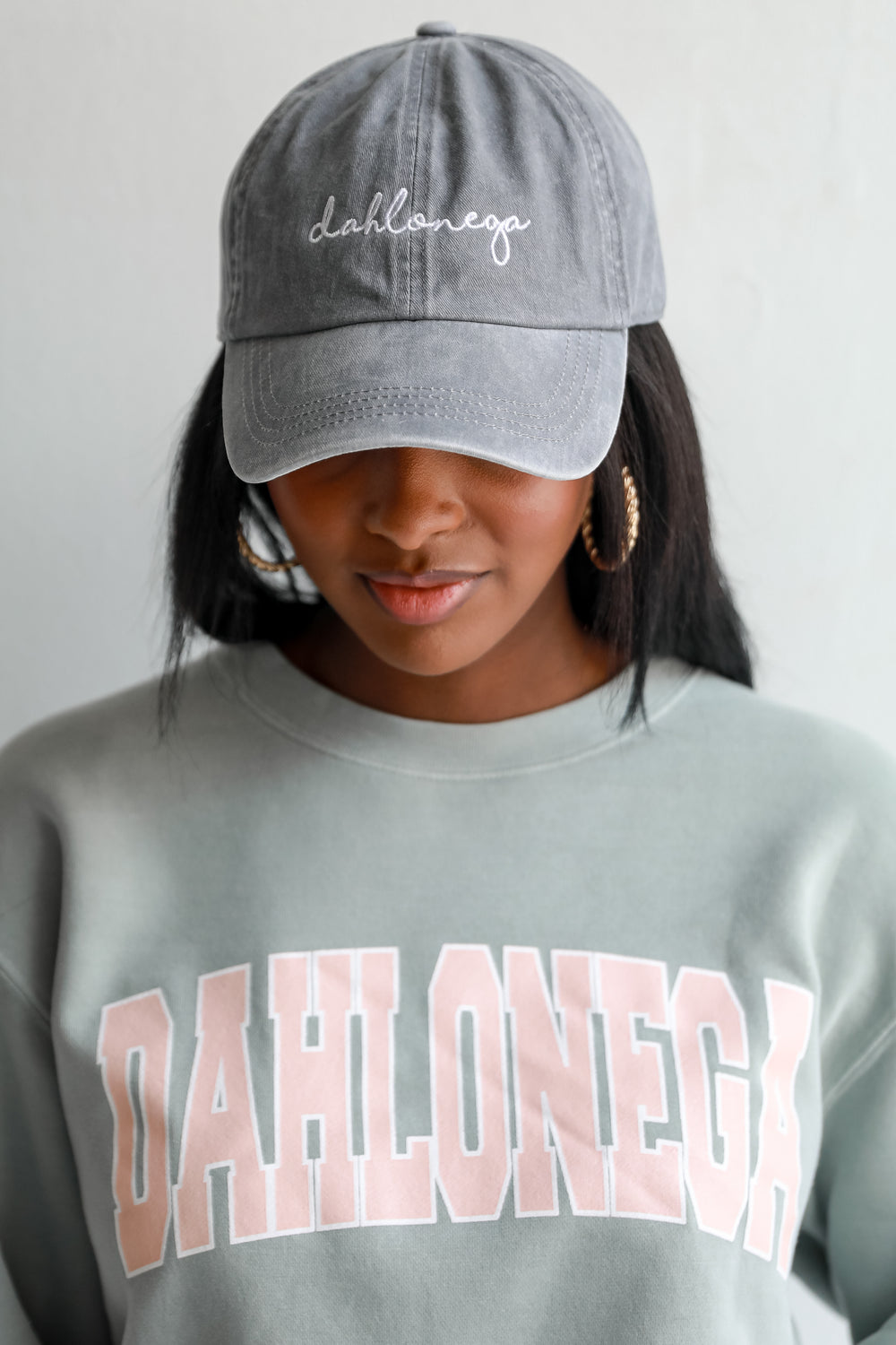 grey Dahlonega Script Embroidered Hat on model