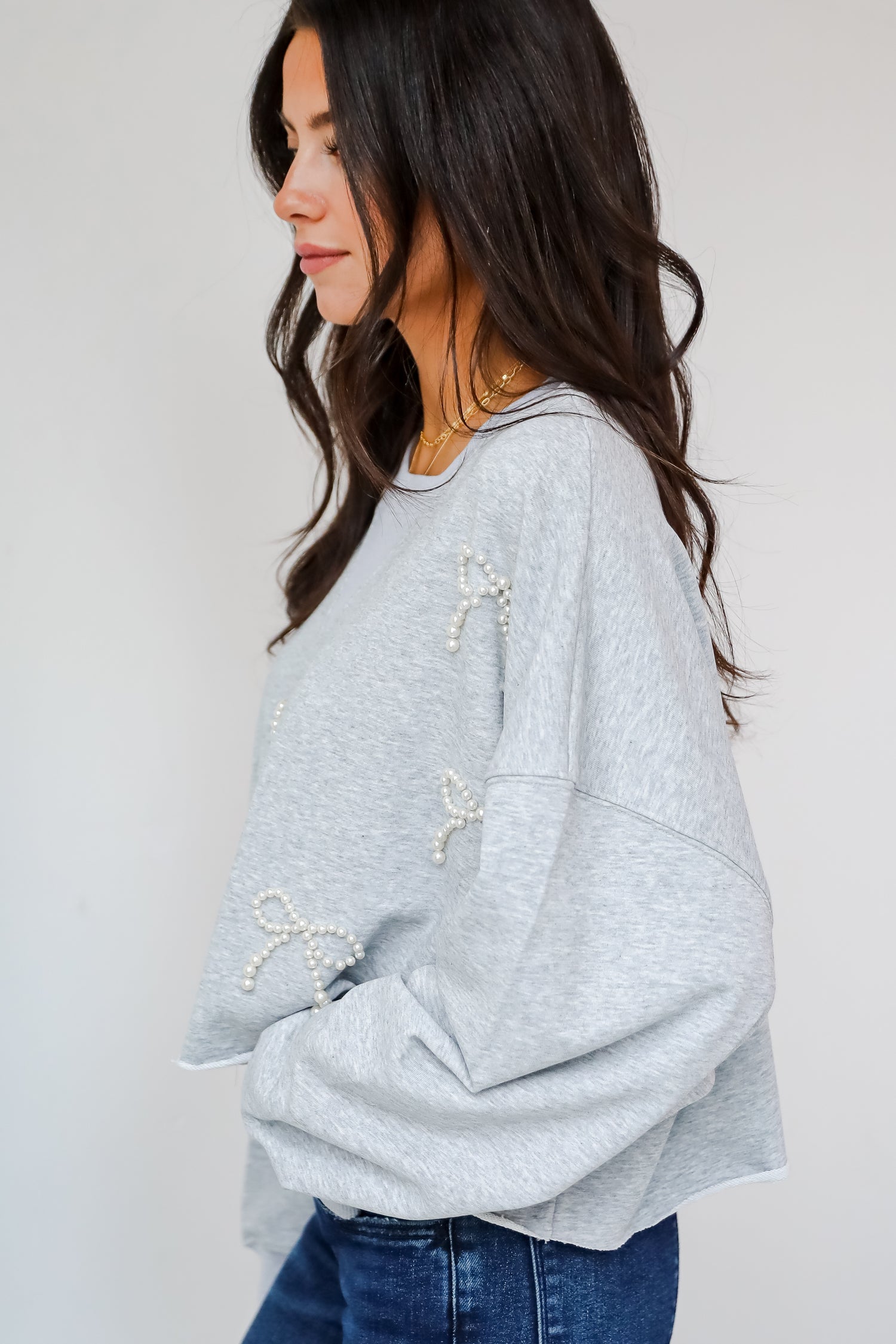 Dazzling Warmth Pearl Bow Cropped Pullover