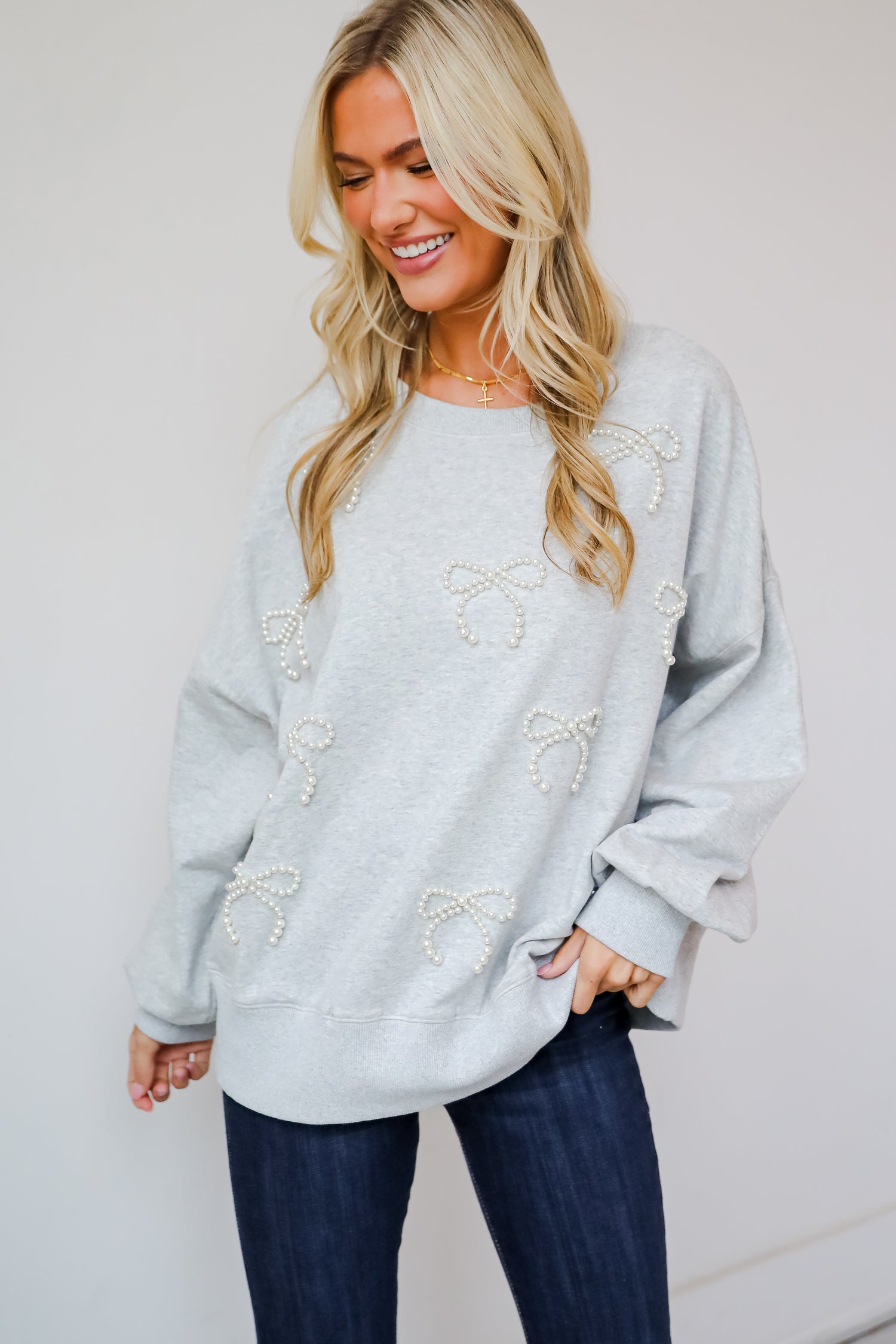 Marvelous Dazzle Heather Grey Pearl Bow Pullover