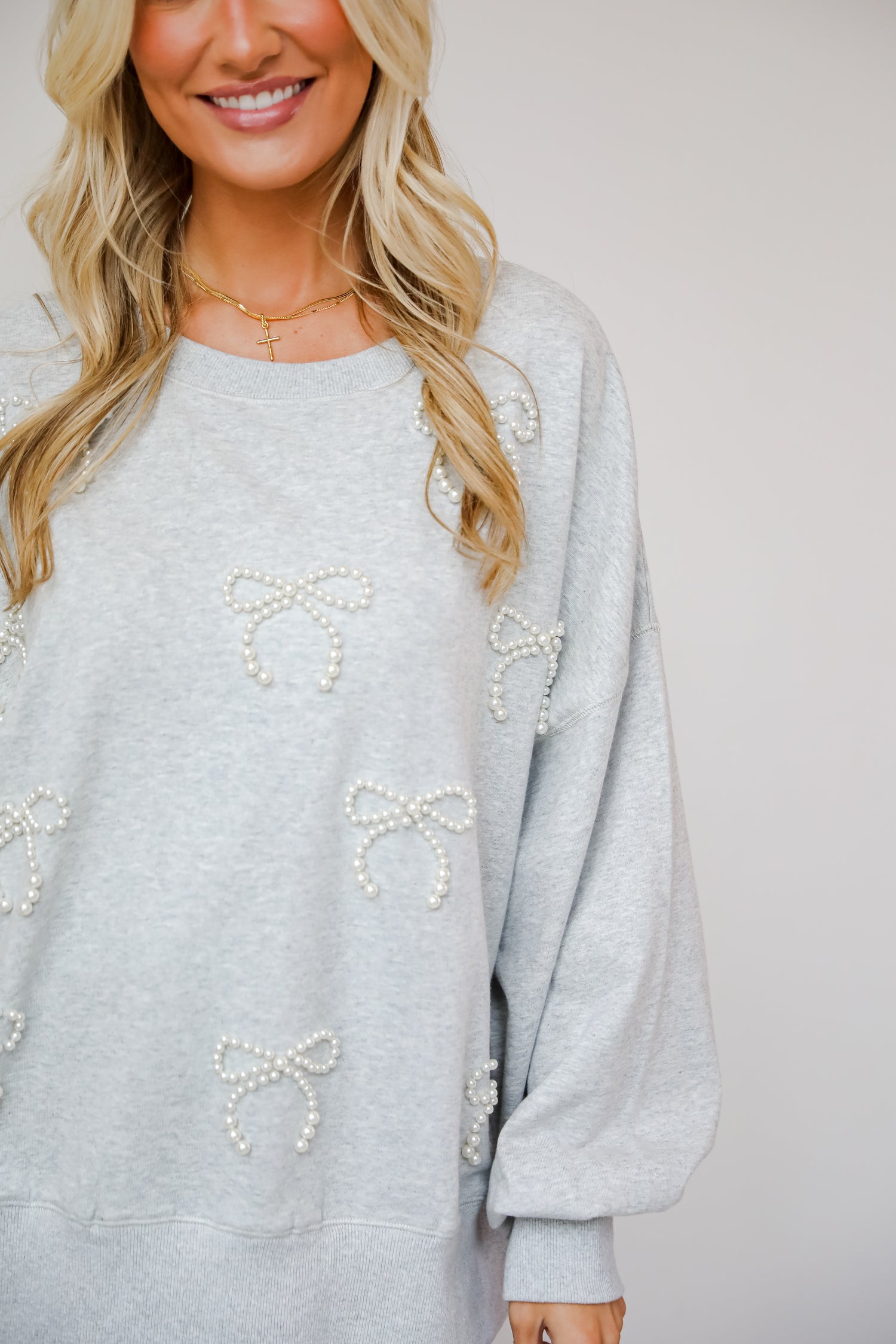 Marvelous Dazzle Heather Grey Pearl Bow Pullover