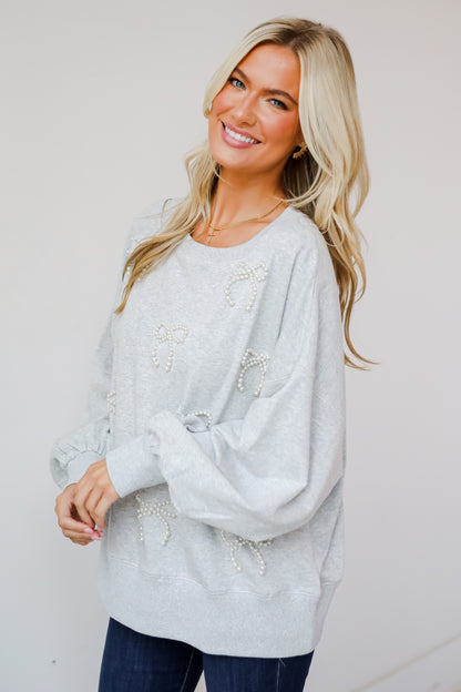 Marvelous Dazzle Heather Grey Pearl Bow Pullover