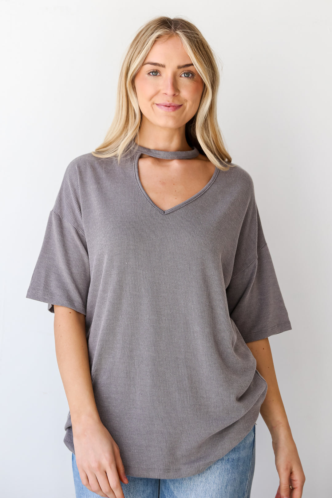 trendy Grey Ribbed Cutout Tee