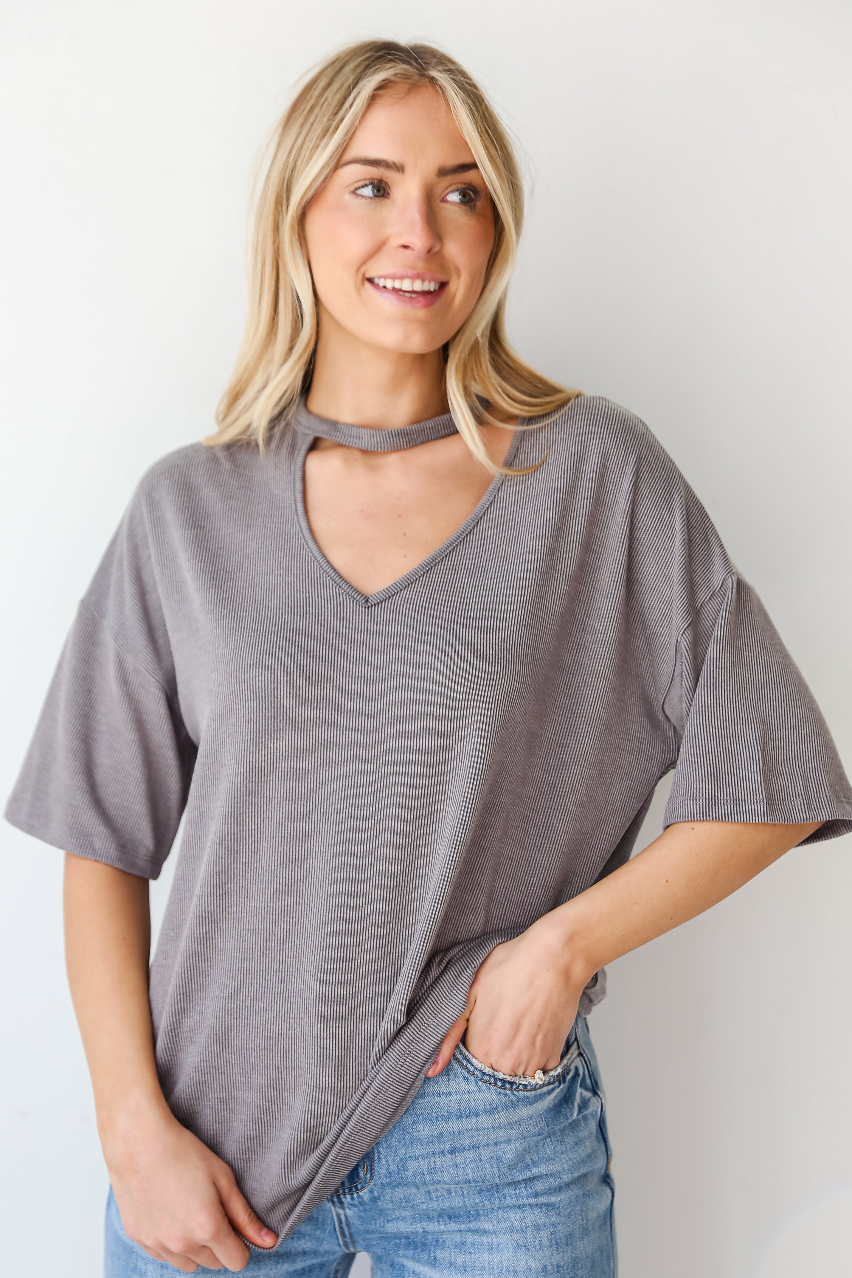 casual Grey Ribbed Cutout Tee