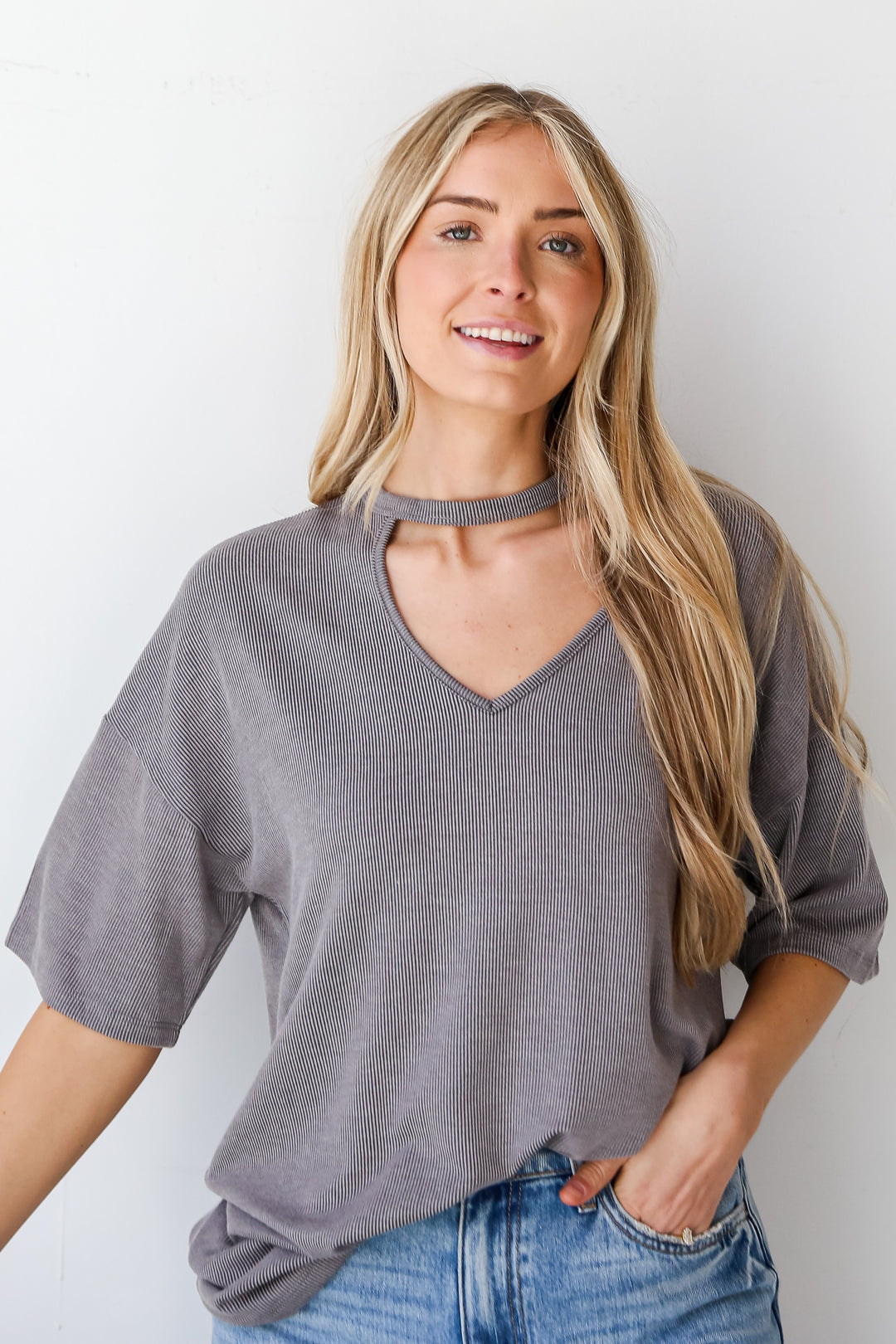 oversized Grey Ribbed Cutout Tee