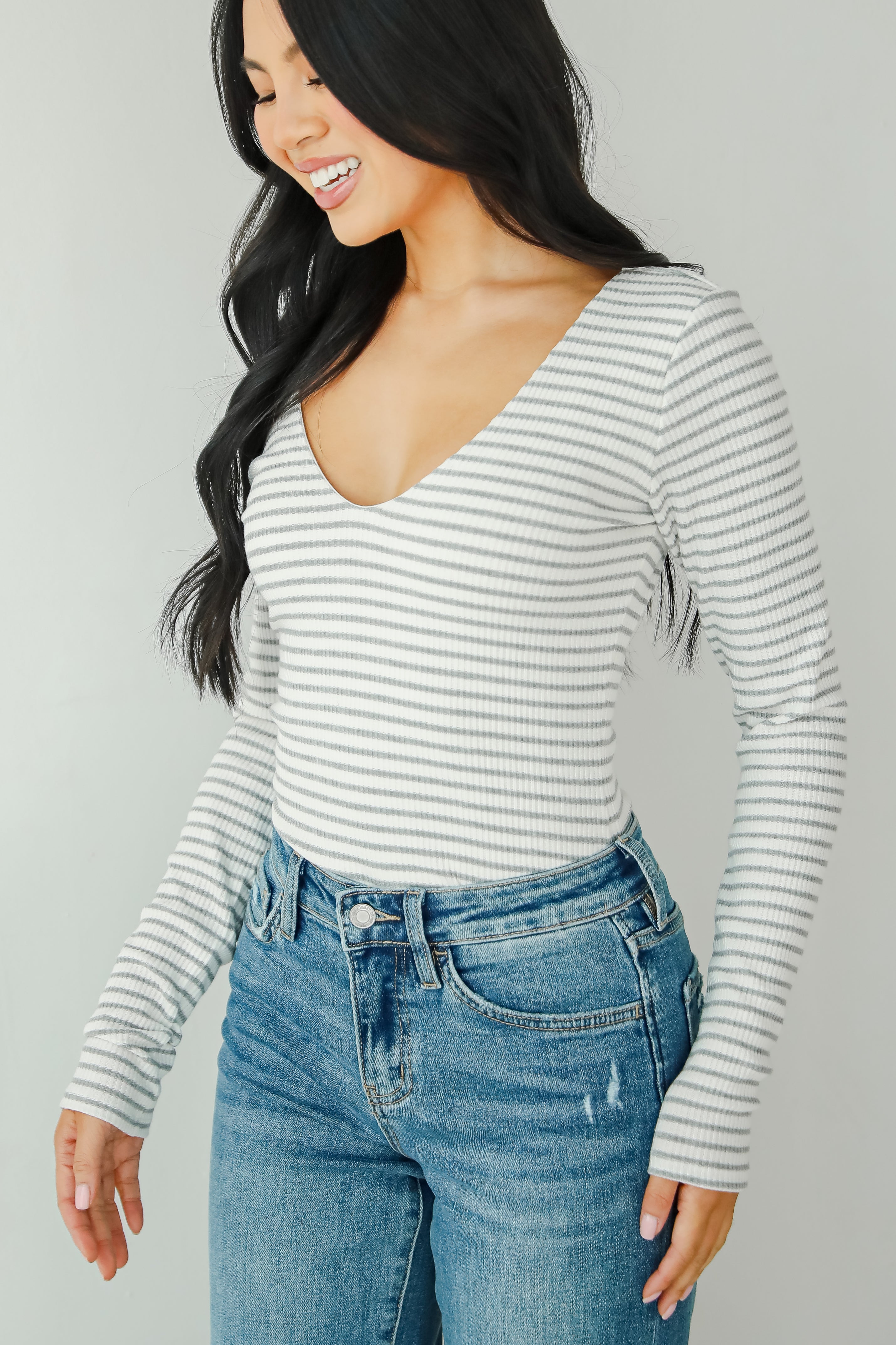 Sweetened Attitude Grey/White Striped Bodysuit