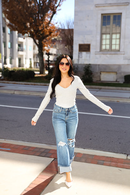 Sweetened Attitude Grey/White Striped Bodysuit