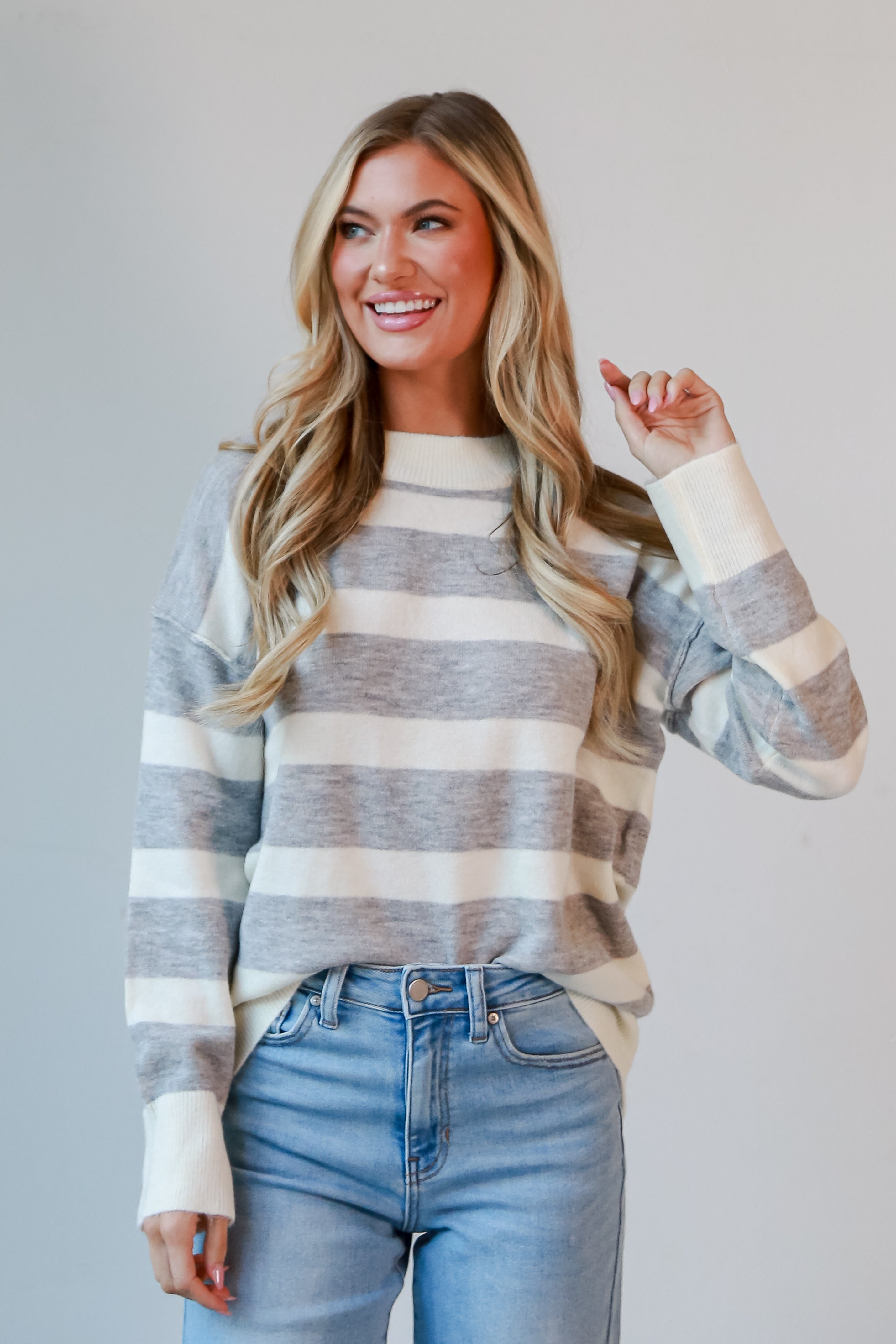 Heather Grey Striped Sweater front view